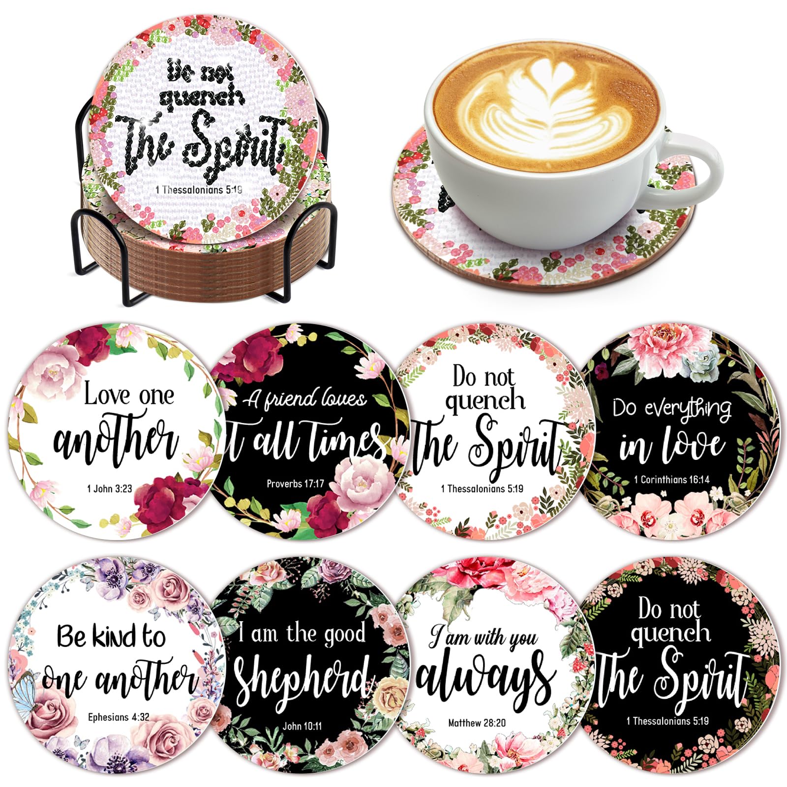 8 Pcs Bible Verse Diamond Painting Coasters Kit with Holder - DIY Christian Gift for Holidays & Home Decor
