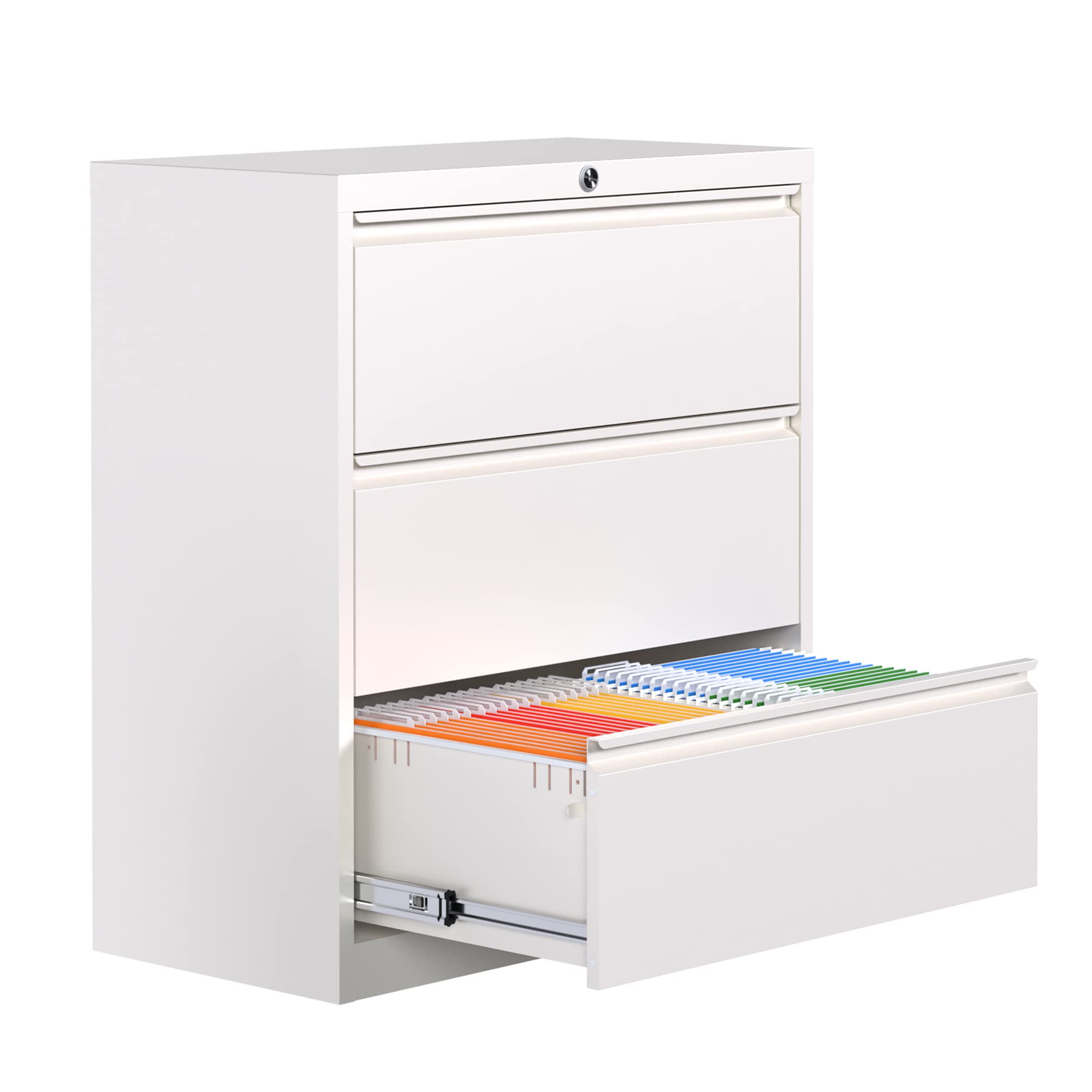 METAN 3-Drawer Lateral File Cabinet - Locking Metal Office Storage Cabinet, Steel Filing Cabinet with Key Lock (White, Assembly Required) - Perfect for Home Office, Business Documents & School Organization