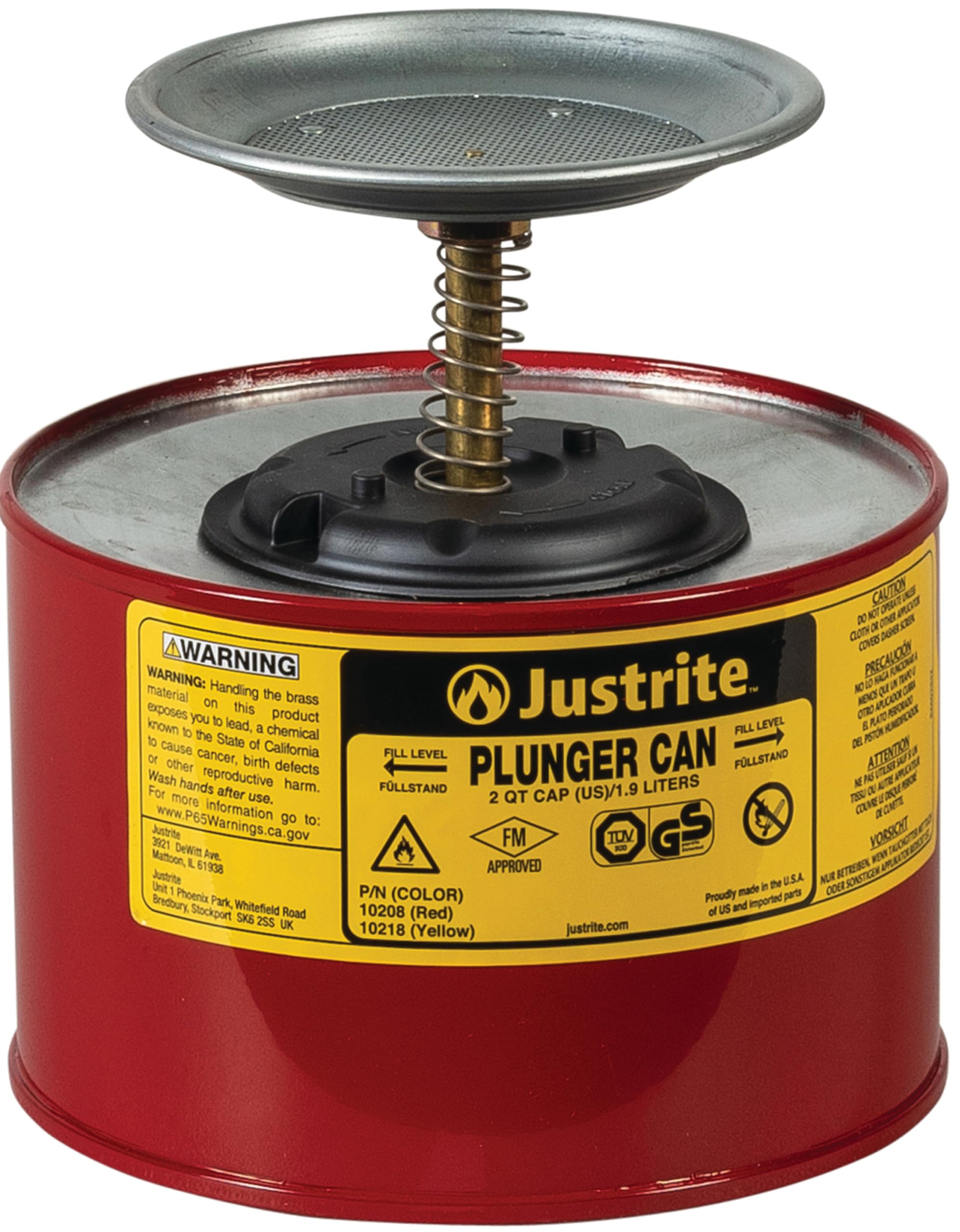 Justrite 2-Quart Steel Push-Down Solvent Dispenser Can - Industrial Solvent Storage & Dispensing Solution for Workshops & Garages | Made in USA | Red (Model 10208) | Ideal for Automotive, Painting & Industrial Cleaning Applications