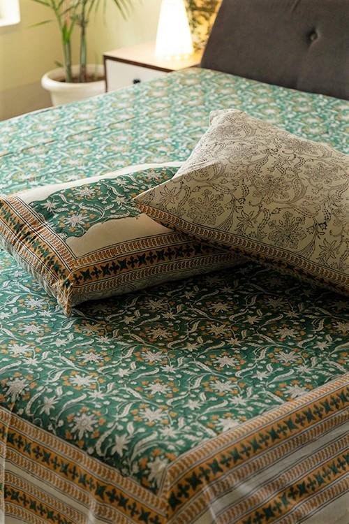 Handblock Printed Cotton Bedsheet - 'Bahar e Baag' Floral Design | Soft & Breathable Bed Linens for Home Decor | Perfect for Master Bedroom, Guest Room & Dormitory