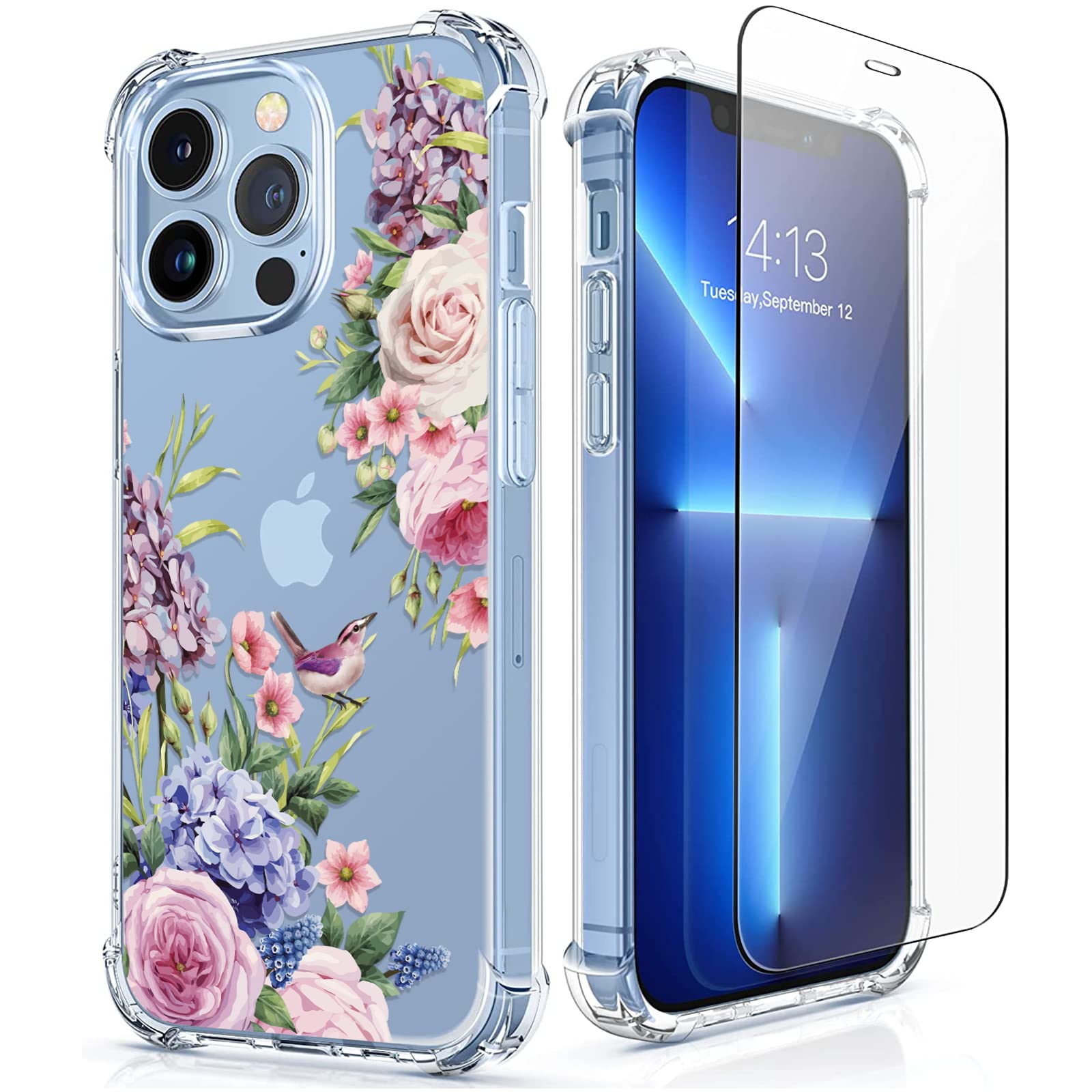 5-in-1 RoseParrot iPhone 13 Pro Case with Screen Protector, Ring Holder & Waterproof Pouch - Floral Pattern Clear Soft Flexible Shockproof Cover (Magpie Design) - Perfect for Outdoor Activities, Travel & Daily Protection