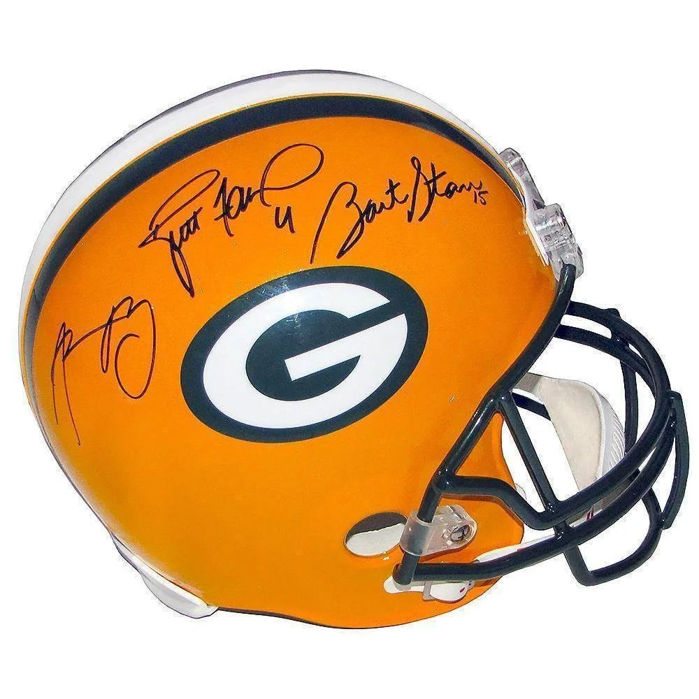 Authentic Brett Favre, Bart Starr & Aaron Rodgers Signed Green Bay Packers Helmet with COA - Steiner Sports Certified - Perfect for Collectors, Sports Memorabilia Fans & Packers Enthusiasts - Ideal for Display in Home, Office or Man Cave