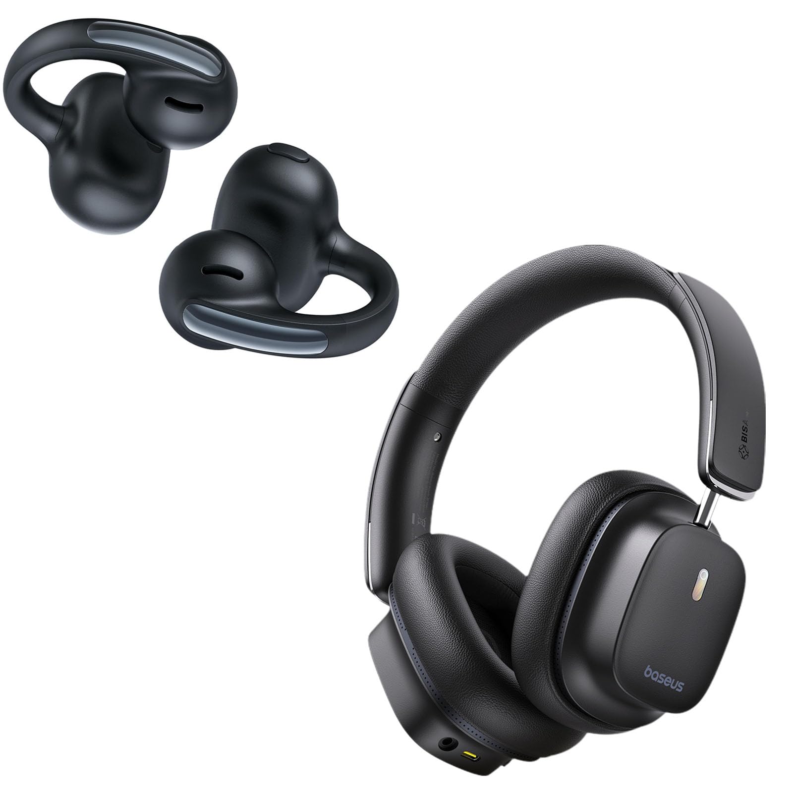 Baseus Bowie MC1 Open Ear Clip-On Earbuds & Bowie 30 Max ANC Headphones - Wireless Bluetooth Earbuds with Adaptive Comfort, Hi-Res LDAC Audio, Spatial Sound, Bass Boost for Running, Workout, Commuting & Travel
