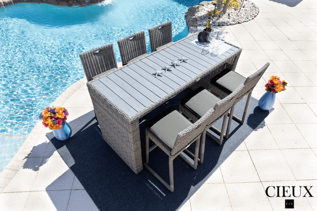 Riviera Outdoor Patio Wicker Bar Table and 6 Chairs Set - Grey Rattan Furniture with Sunbrella Canvas Charcoal Cushions - Perfect for Backyard, Poolside, and Garden Dining