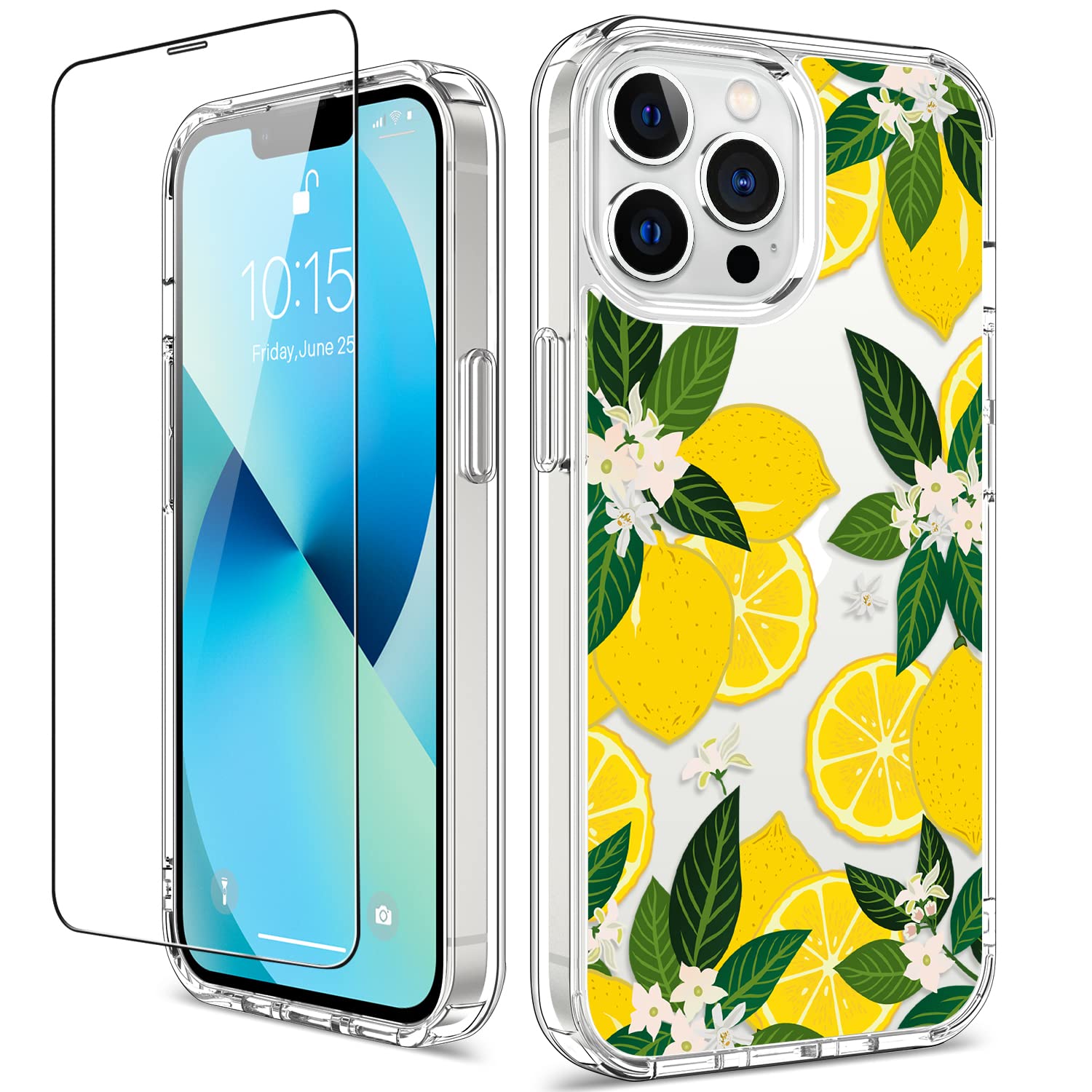 GiiKa iPhone 13 Pro Max Case with Screen Protector - 6.7 Inch Clear Shockproof Floral Design Hard Case with TPU Bumper Cover for Women & Girls (Yellow Lemons Pattern) - Perfect for Everyday Use, Travel & Outdoor Activities