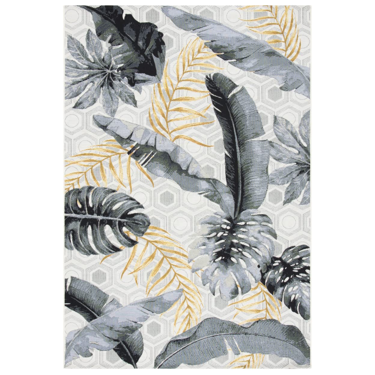 SAFAVIEH Barbados Collection 8' Square Grey & Gold Tropical Botanical Area Rug - Indoor/Outdoor Use for Patio, Backyard, Mudroom - Easy to Clean & Maintain