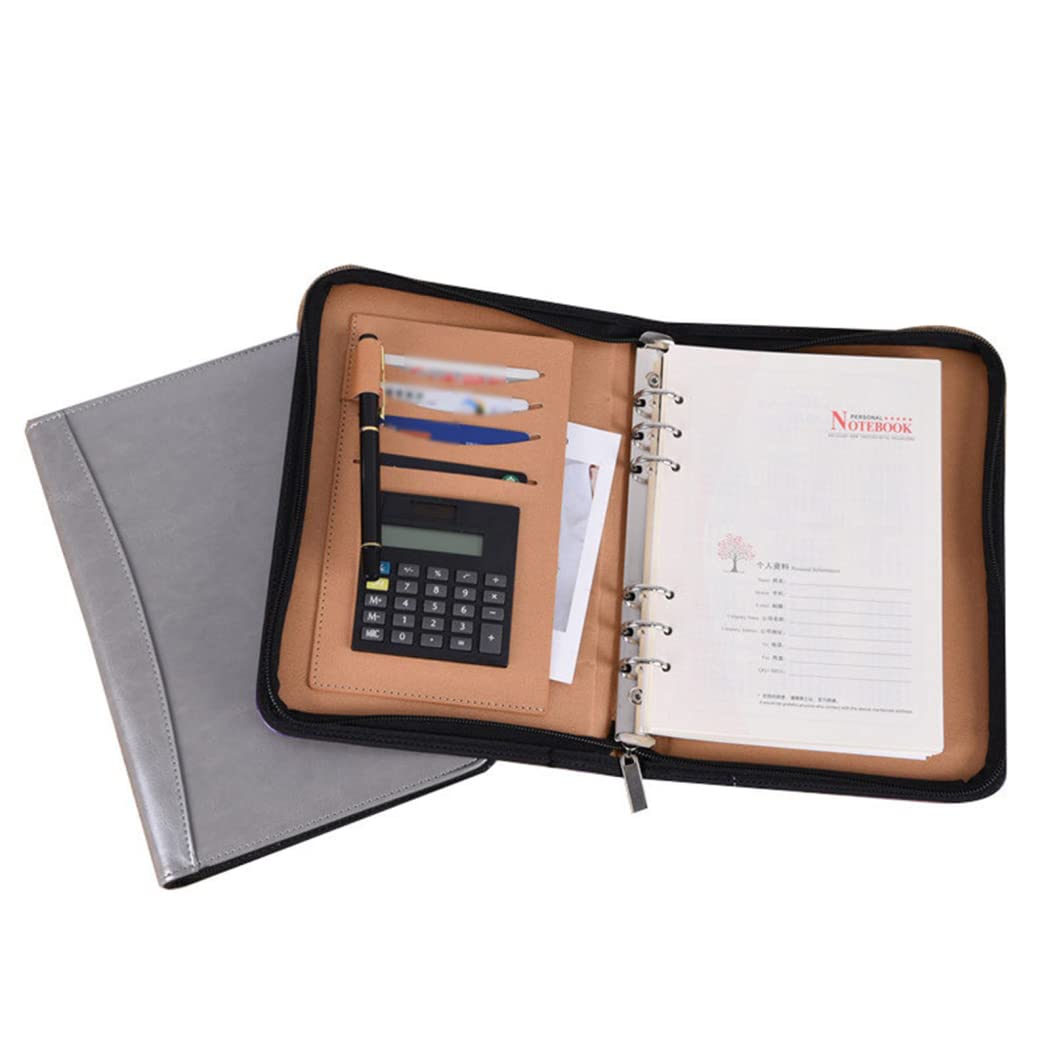 A5 Calculator Conference Folder with Zipper - Refillable Business Notebook for Office & Meetings