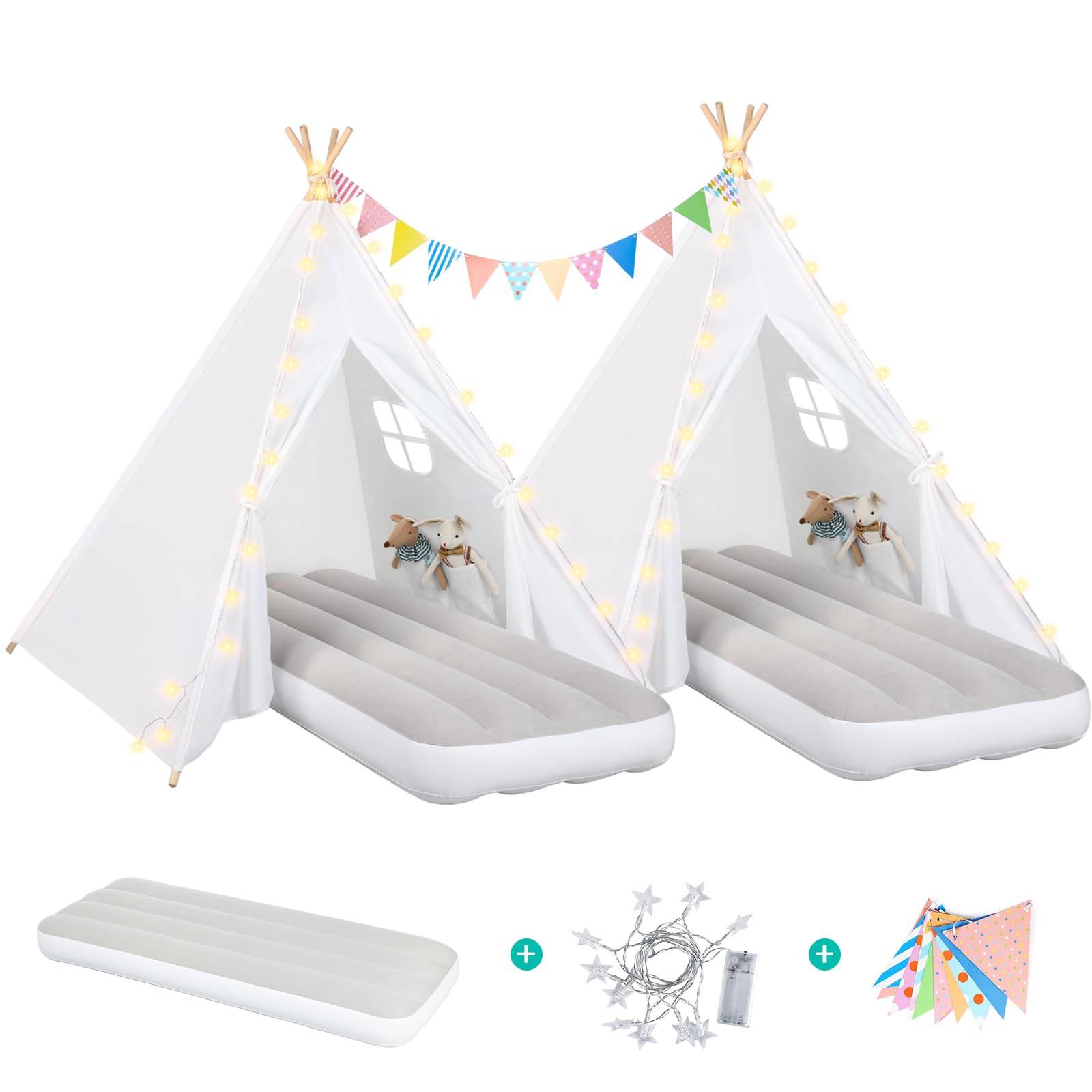**2 Pack Kids Teepee Tent with Inflatable Airbed, Star Lights & Colorful Flags - Indoor/Outdoor Play Tent for Girls & Boys, Birthday Gifts, Sleepover Party, Camping & Backyard Fun (White)**