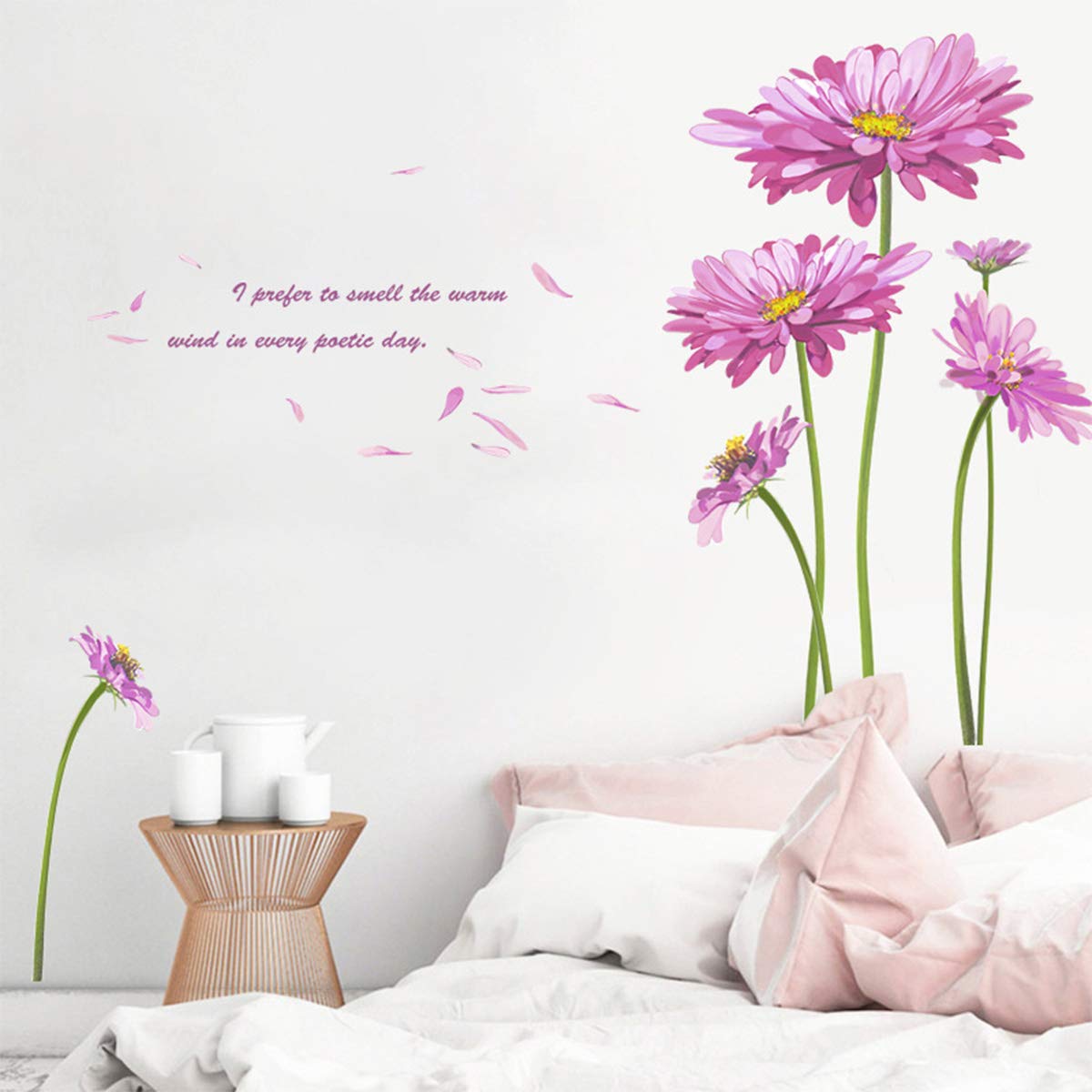 Pink Daisy Floral Wall Decals - Removable Flower Wall Stickers for Bedroom, Living Room & Nursery Decor - Sweet Peony Wall Art Murals - Perfect for Girls' Rooms, Home Makeovers & DIY Wall Decorations