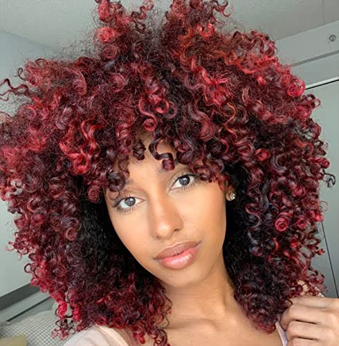 KEAT Short Curly Afro Kinky Wigs for Black Women - Red & Black Mixed Fluffy Synthetic Wig with Bangs | Heat Resistant, Natural Looking Full Wig for Daily Wear & Parties | Perfect for Cosplay, Halloween & Special Events