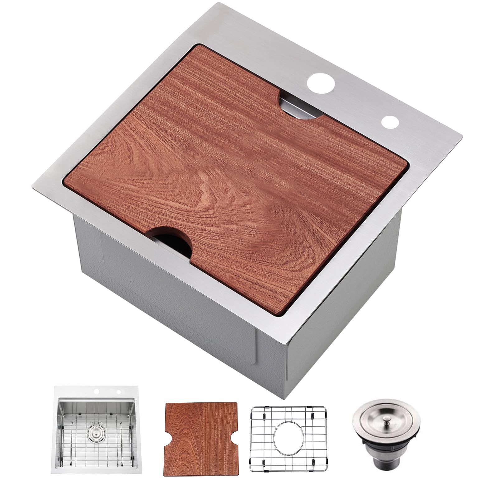 15x15 Inch Drop-In Bar Sink - 16 Gauge Stainless Steel Topmount Single Bowl Kitchen Sink for Small Spaces, RV, Outdoor & Prep Workstations - Includes Accessories - Perfect for Compact Kitchens, Bars, Campers & Food Preparation Areas