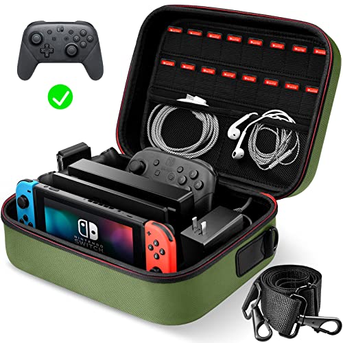 Premium Hard Shell Travel Case for Nintendo Switch & Switch OLED - Full Protection Portable Carrying Bag for Console, Pro Controller & Accessories - Durable Green Storage Solution for Gaming On-The-Go & Travel Protection