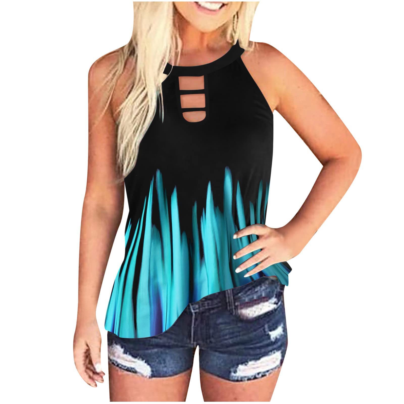 2022 Summer Women's Halter Neck Hollow Out Sleeveless Tank Tops - Fashion Print Tunic Tees for Casual Wear, Beach & Vacation Outfits