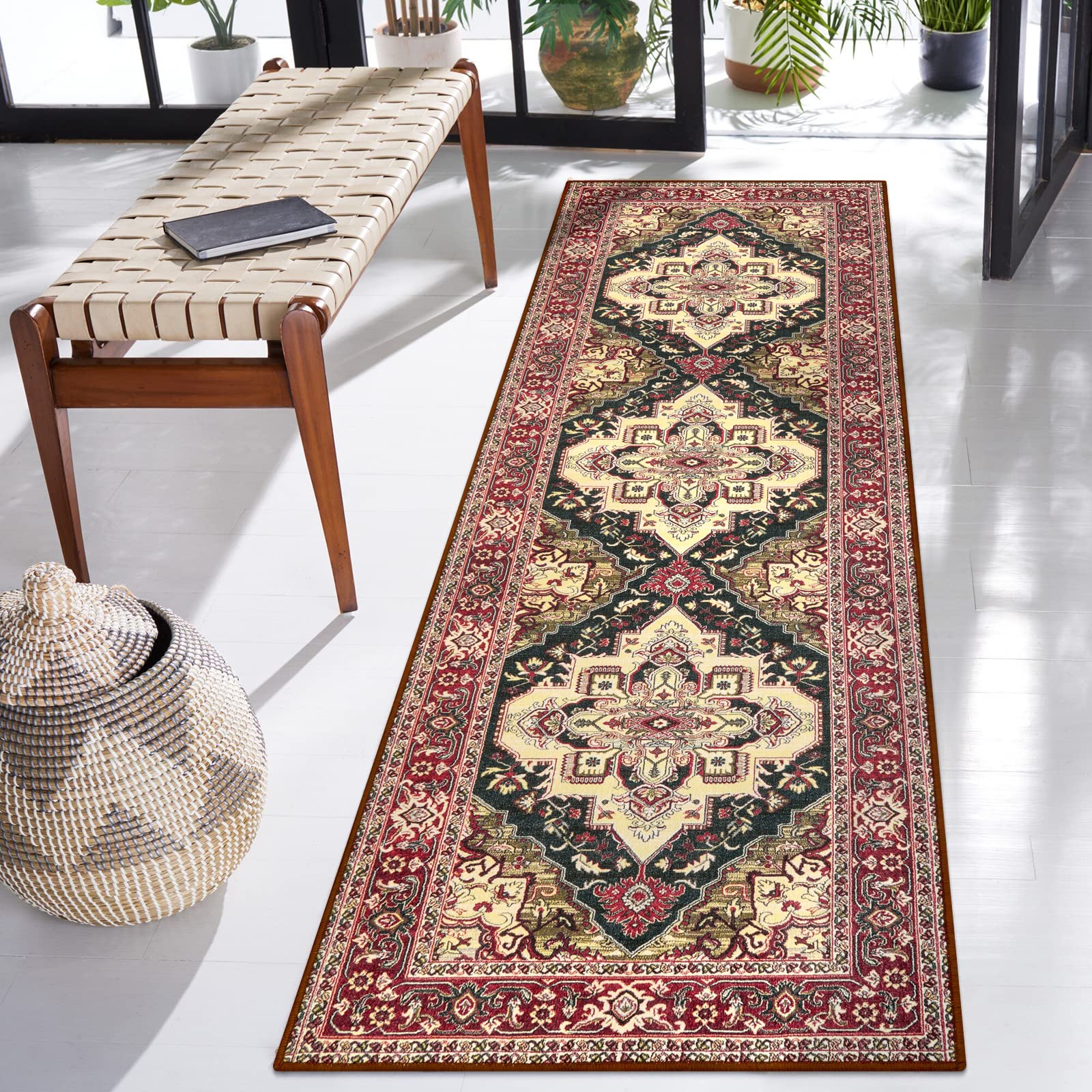 LEEVAN 2x3 Non-Slip Washable Persian Oriental Entryway Rug - Vintage Distressed Indoor Door Mat for Bedroom, Living Room, Bathroom & Kitchen - Perfect for Home Decor, Entrance & High Traffic Areas (Red)