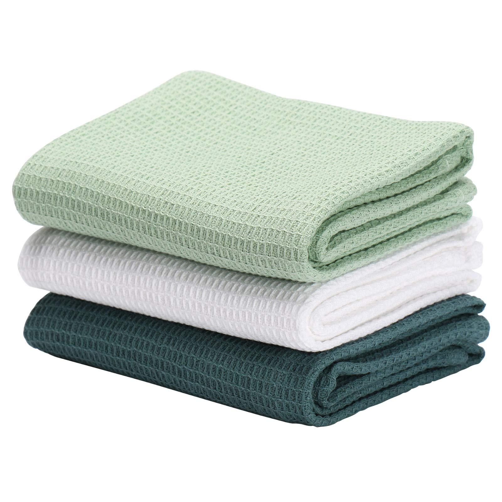 Jennice House Cotton Waffle Weave Dish Towels Set - Ultra Soft Absorbent Kitchen Hand Towels, Large Size (Set of 3, Green) - Perfect for Washing Dishes, Drying Hands & Kitchen Cleaning