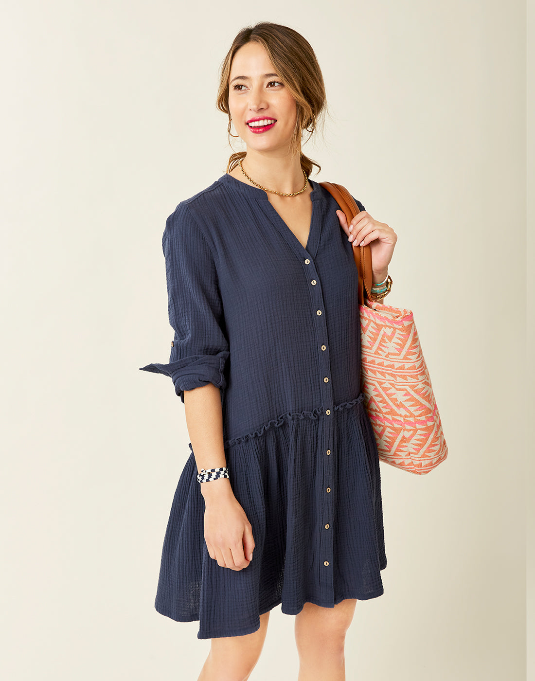 Blair Dress for Women - Navy Blue Flowy Midi Dress with Short Sleeves - Perfect for Office Wear, Date Night & Summer Outfits