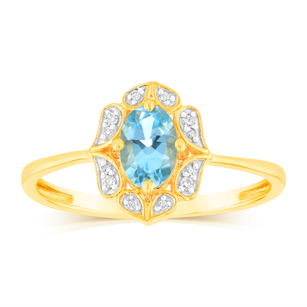 0.55 Carat Blue Topaz and Diamond Oval Ring in 9K Yellow Gold | Elegant Engagement, Anniversary or Gift Jewelry for Women