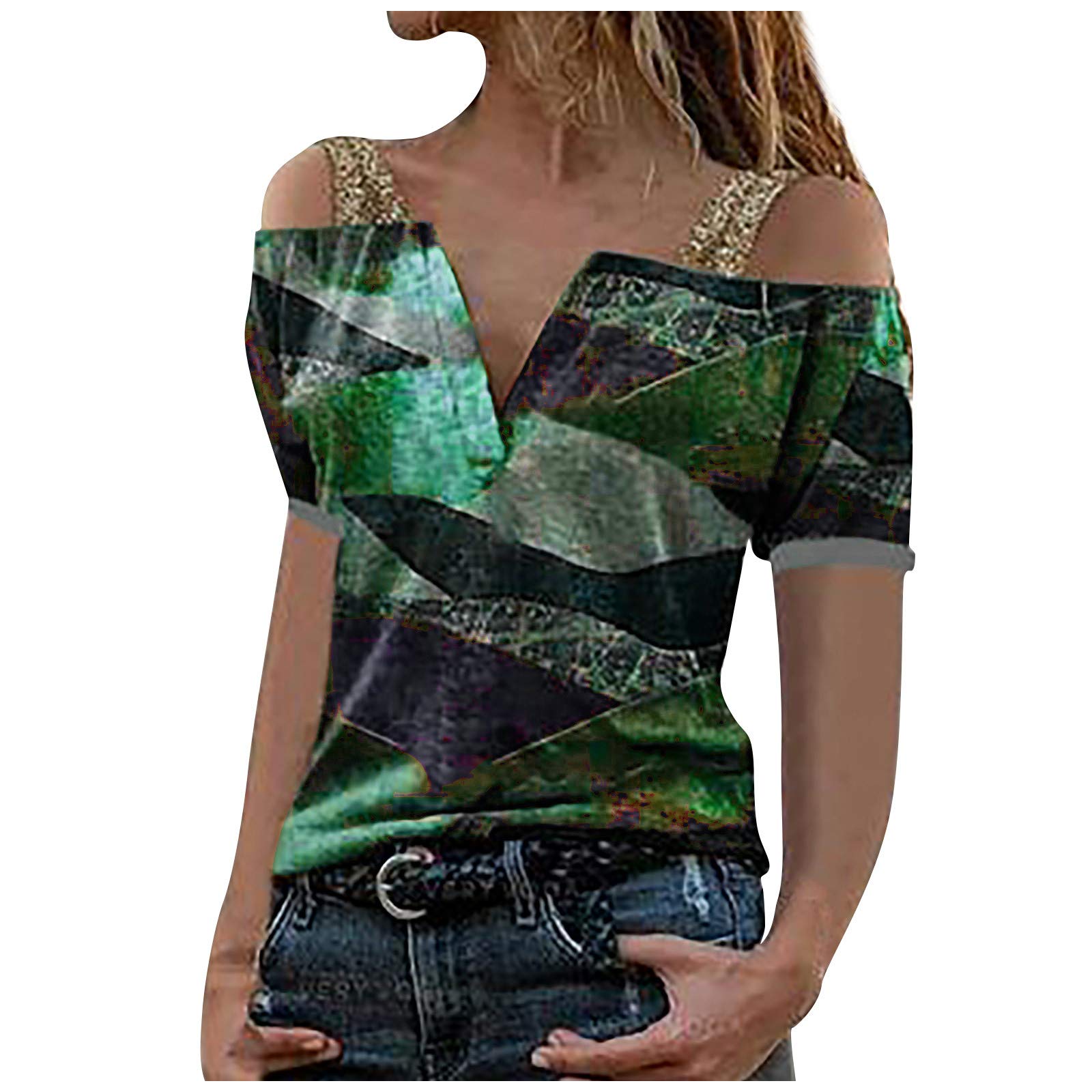 Women's V-Neck Long Sleeve Henley Shirt with Geometric Print & Button Details - Casual Pullover Blouse for Everyday Wear, Work & Weekend Outfits
