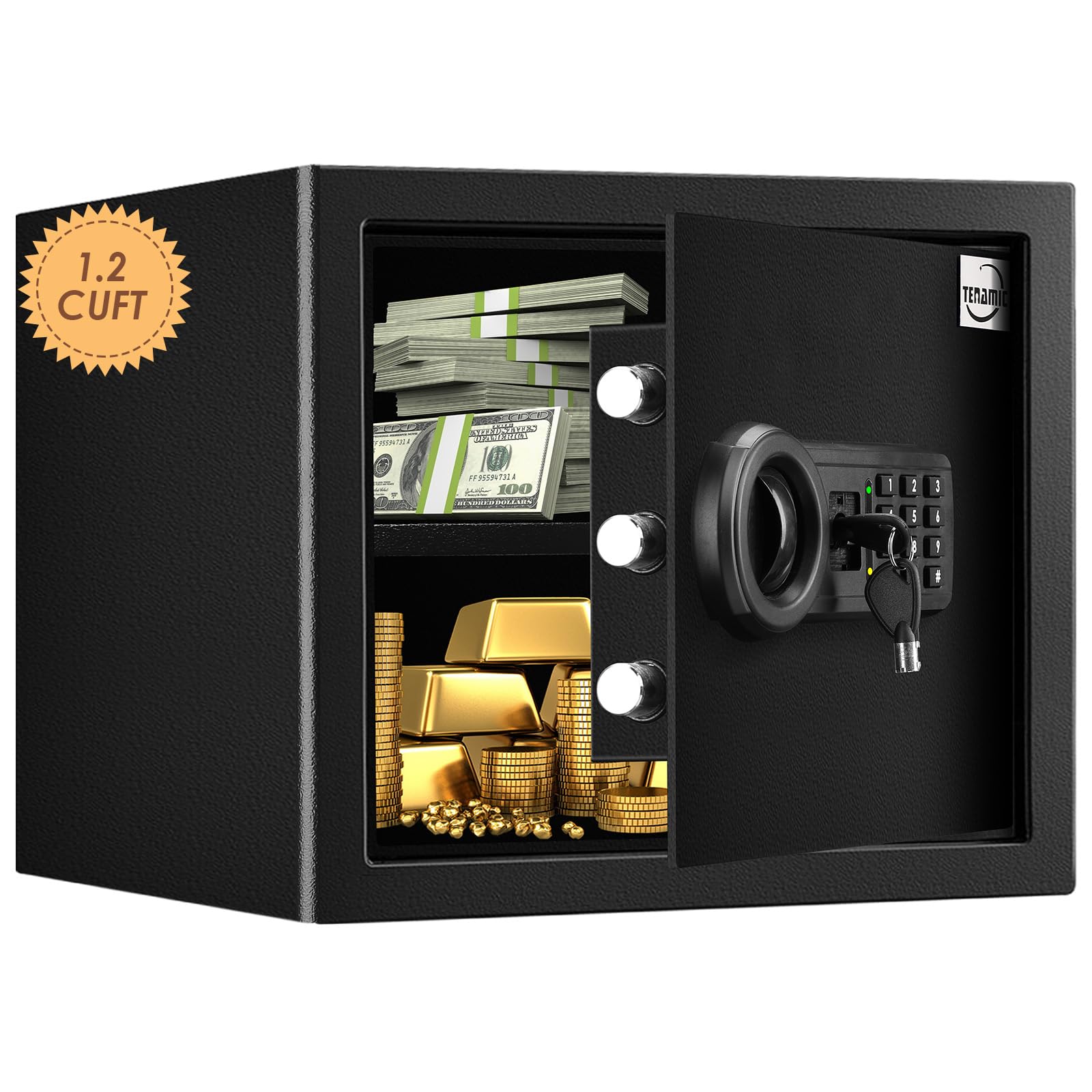 Tenamic 1.2 Cuft Fireproof Waterproof Digital Safe Box - Home & Office Security Safe with Electronic Keypad, Solid Alloy Steel Construction - Perfect for Documents, Jewelry, Cash & Valuables Protection (Black)