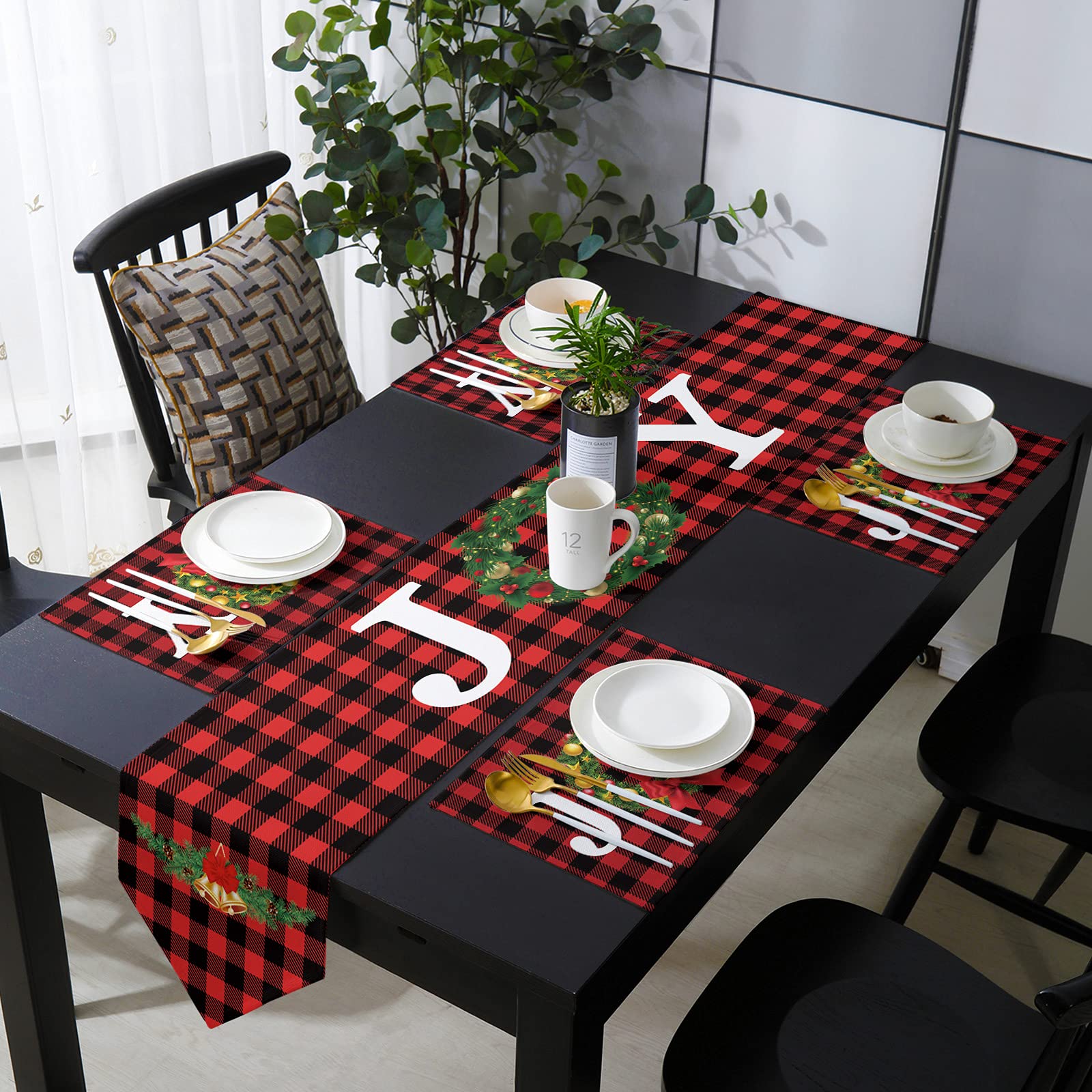 Cotton-Linen Table Runner and 4-Piece Placemats Set - Buffalo Plaid Red & Black Christmas Wreath Design - Heat-Resistant Dining Table Decor for Parties, Weddings, Holiday Dinners & Home Decor