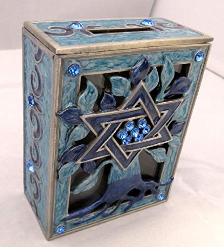 Shuki's Judaica Tree of Life Tzedakah Box - Blue & Pink - Handmade Jewish Charity Box for Home Blessings, Bar Mitzvah Gifts & Synagogue Donations