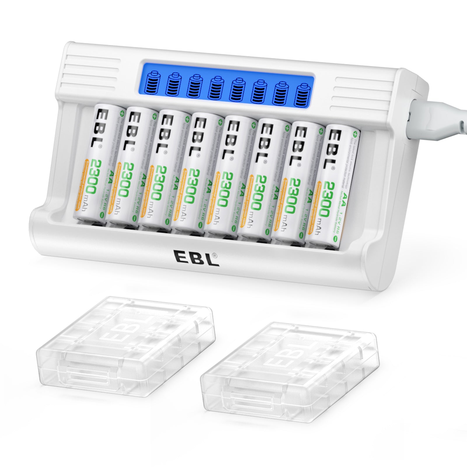 EBL 8-Pack 2300mAh Rechargeable AA Batteries with RM76 8-Bay Fast Charger - Perfect for Digital Cameras, Game Controllers & Home Electronics