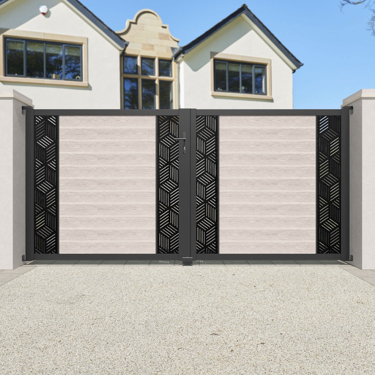 Classic Cubed Straight Top Driveway Gate - Mid Stone Design with Middle & End Screen | Durable Metal Driveway Fence for Home Security & Curb Appeal | Perfect for Residential Properties, Gardens, and Estate Entrances