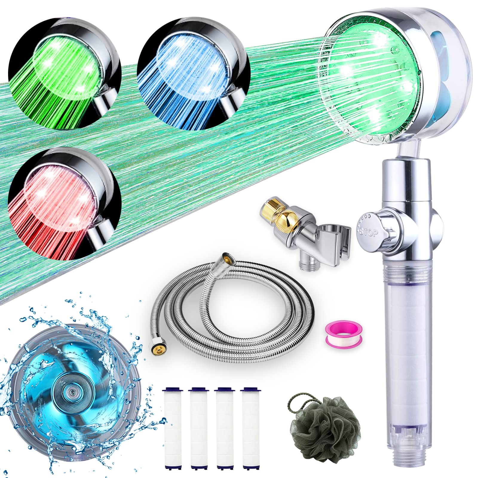 ANTOWER LED Shower Head with Handheld High Pressure Shower Combo - 79 Inch Stainless Steel Hose, Adjustable Holder, 4 PP Cotton Filters & Turbo Fan Temperature Control - Perfect for Bathroom, Spa & Water Saving Use