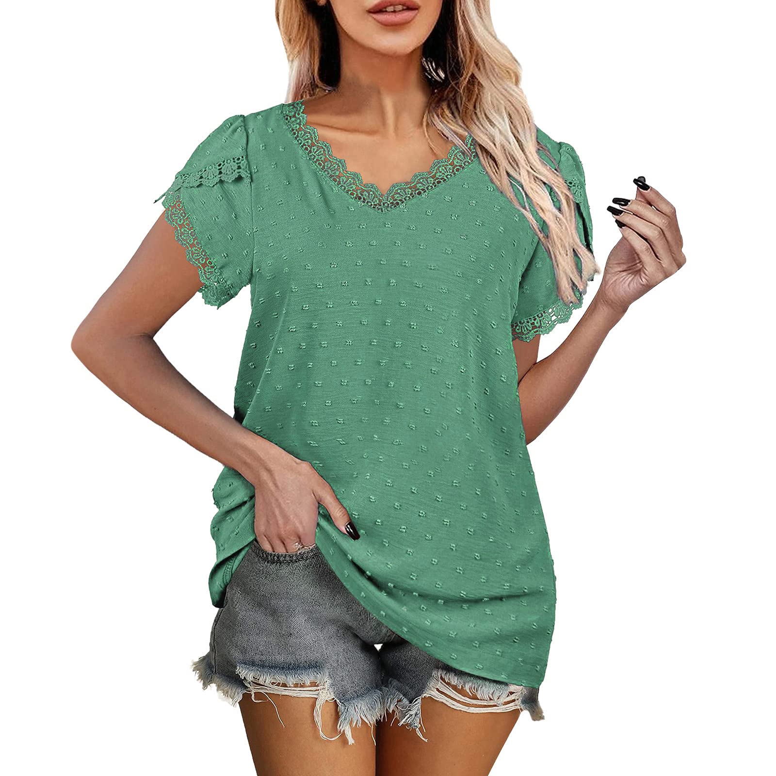 Women's Casual Summer Blouse - V Neck Lace Sleeve Loose T-Shirt for Women | Breathable & Comfortable Summer Tops for Outdoor, Beach & Daily Wear