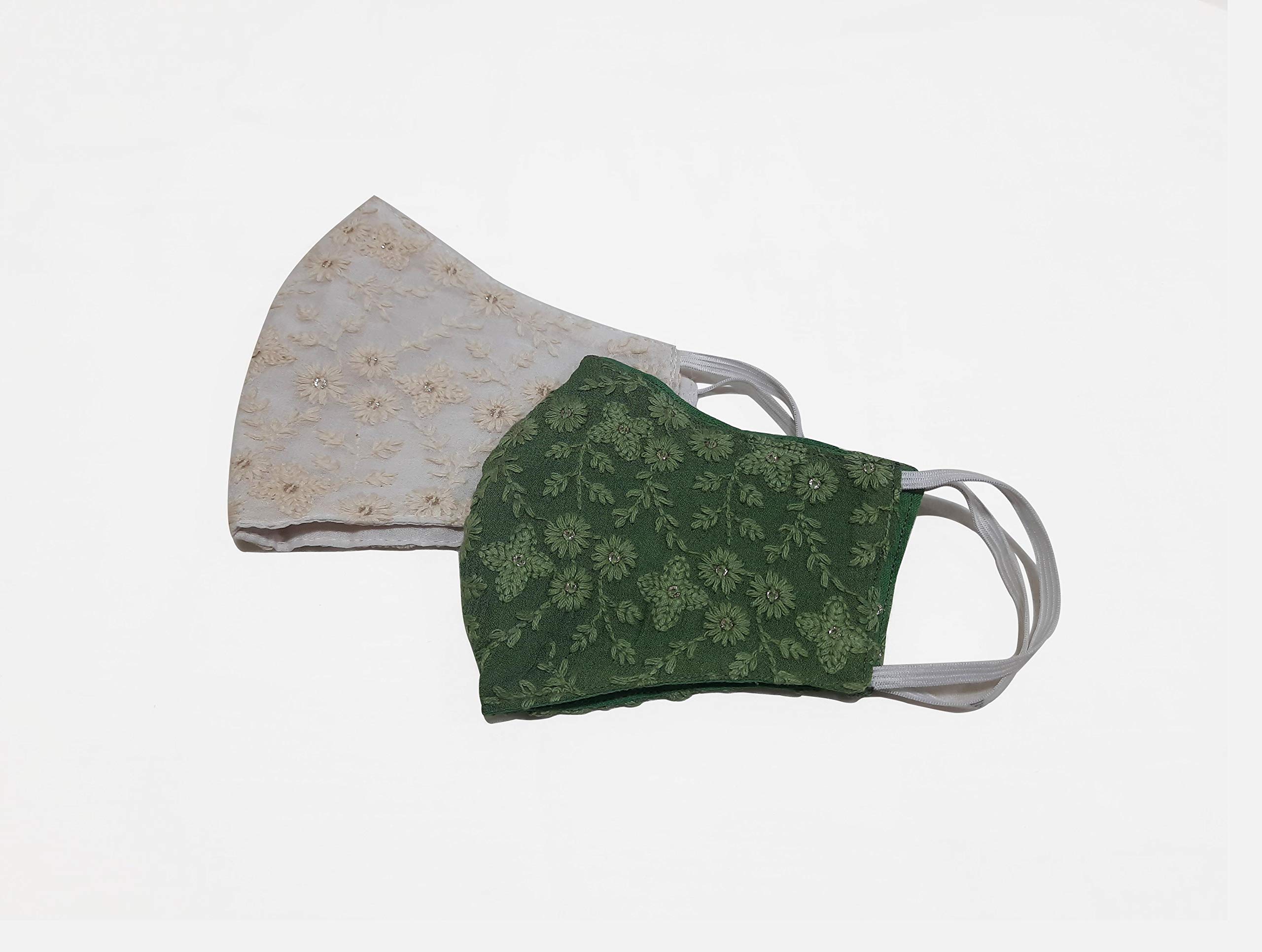 Deeva 2-Pack Embroidered Georgette Face Masks for Women - Breathable & Stylish (White & Green) | Perfect for Daily Use, Travel, and Outdoor Activities