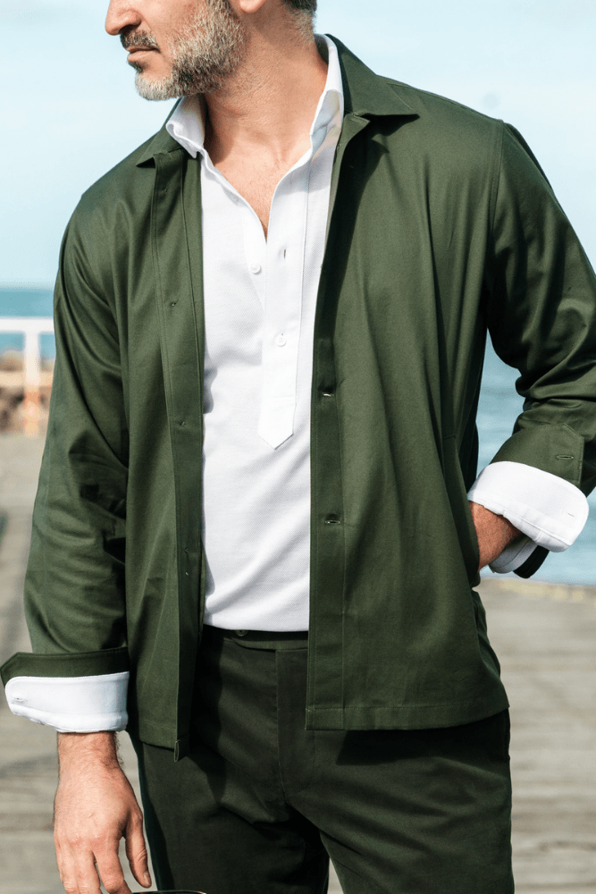 Men's Olive Bomber Overshirt Jacket - Lightweight Casual Streetwear for Spring & Fall | Outdoor Activities, Travel, and Everyday Wear