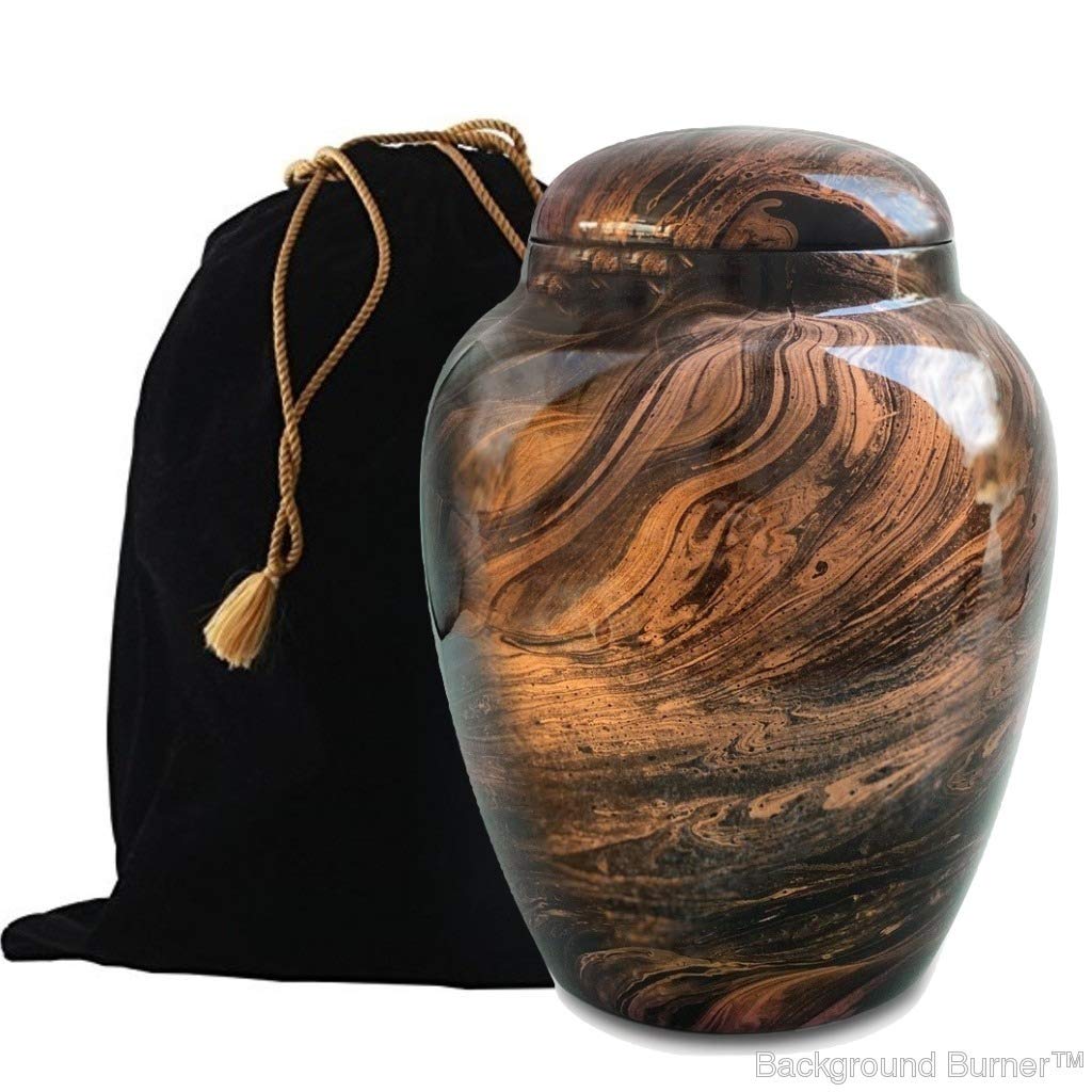 Handcrafted Marble-Look Fiberglass Cremation Urn for Adults - Lightweight Funeral Urn for Ashes with Free Velvet Bag & Ash Scoop - Perfect for Memorial Services, Home Display & Scattering Ceremonies (Brown)