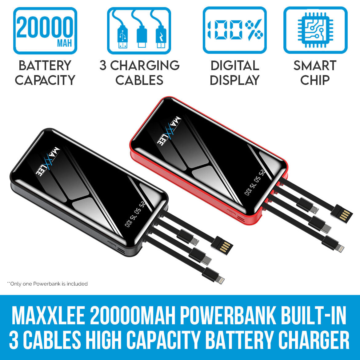 Maxxlee 20000mAh Power Bank with Built-in 3 Cables - High Capacity Portable Charger for iPhone, Android, iPad | Fast Charging for Travel, Camping, Emergency & Outdoor Use