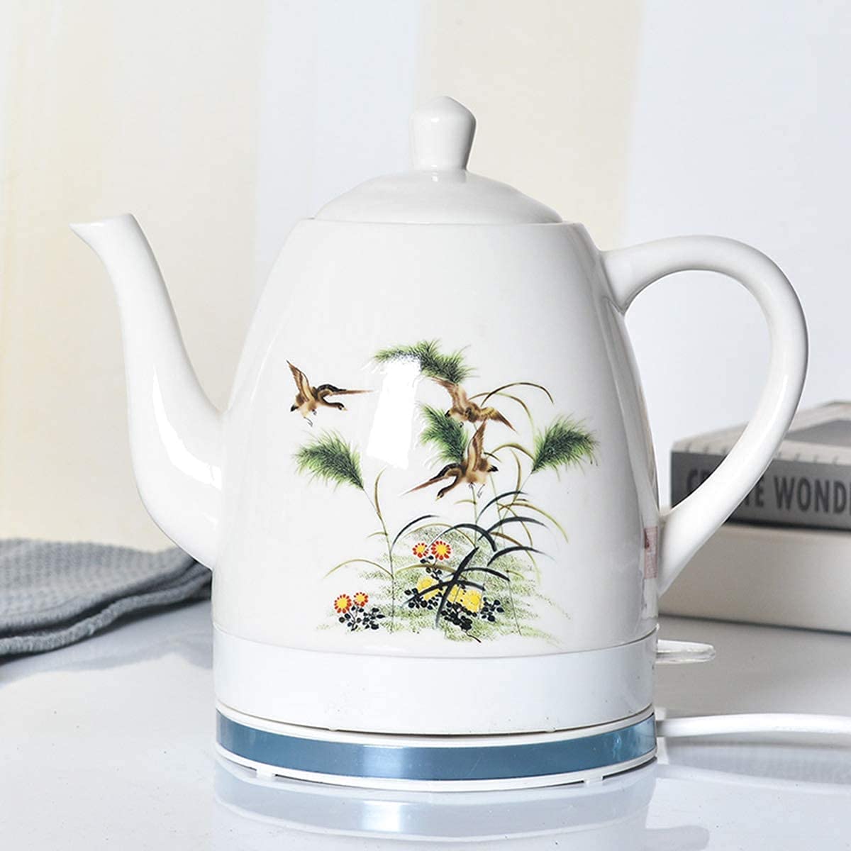 1.8L Retro White Ceramic Electric Kettle - 1000W Fast Boiling Cordless Tea Kettle with Detachable Base & Auto Shut-Off - Perfect for Brewing Tea, Coffee, Soup & Oatmeal - Ideal for Home, Office & Dorm Use