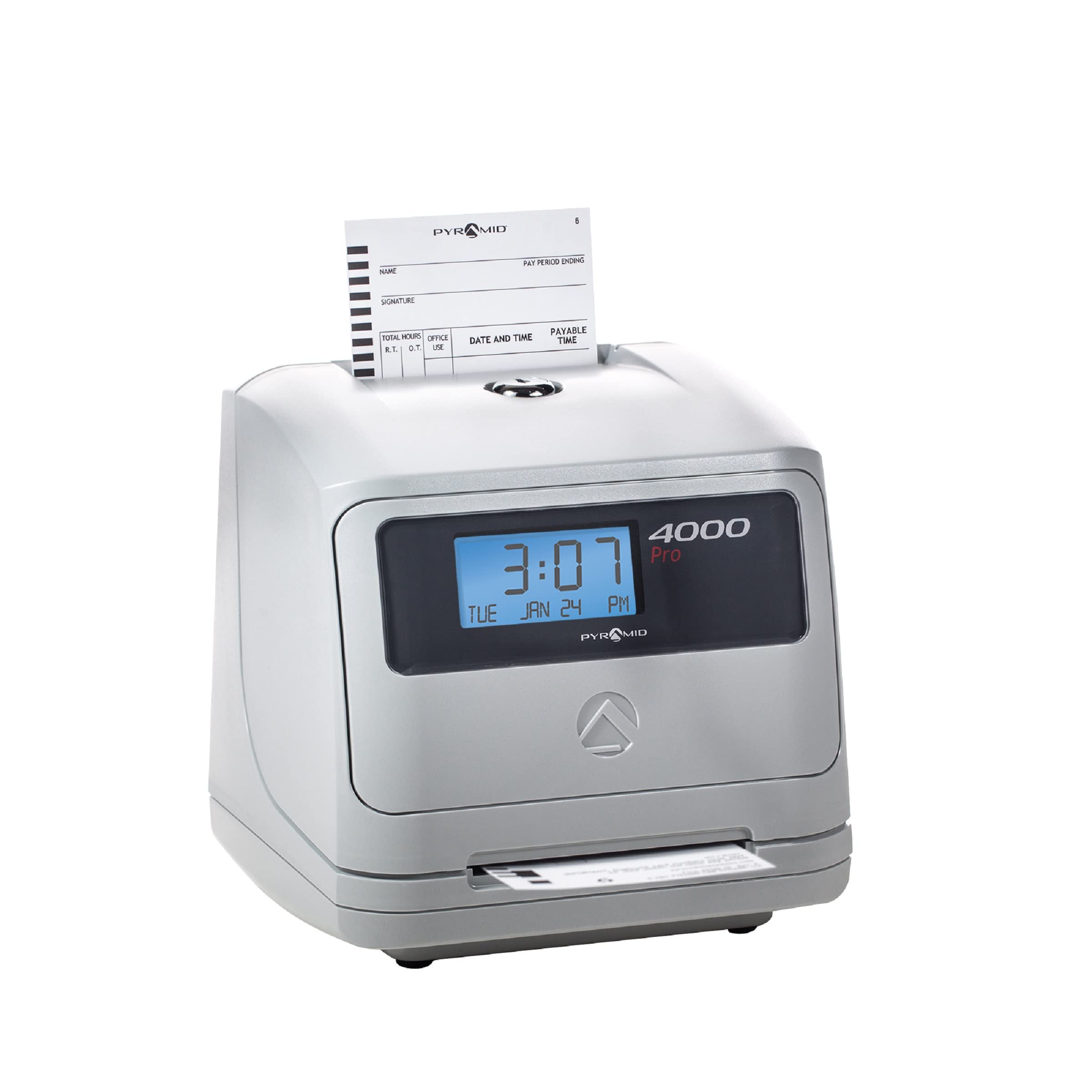Pyramid Time Systems Model 4000 Auto Totaling Time Clock - Electronic Punch Clock for Small Business with 25 Time Cards, Ribbon & 2 Security Keys - Silver (7.25