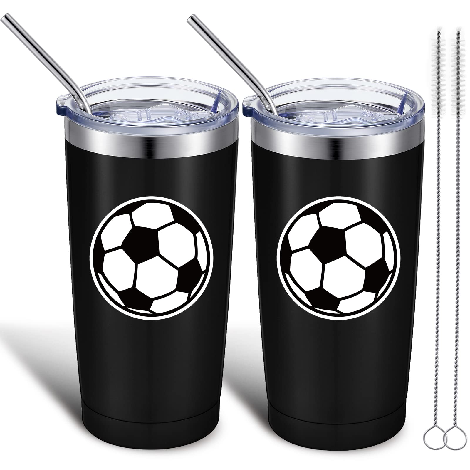 **Geiserailie 2-Pack 20 oz Stainless Steel Insulated Tumbler with Straw & Lid – Leakproof Travel Coffee Mug for Sports, Gym, Office – Perfect Gift for Women, Men, Soccer Lovers (Black/White)**