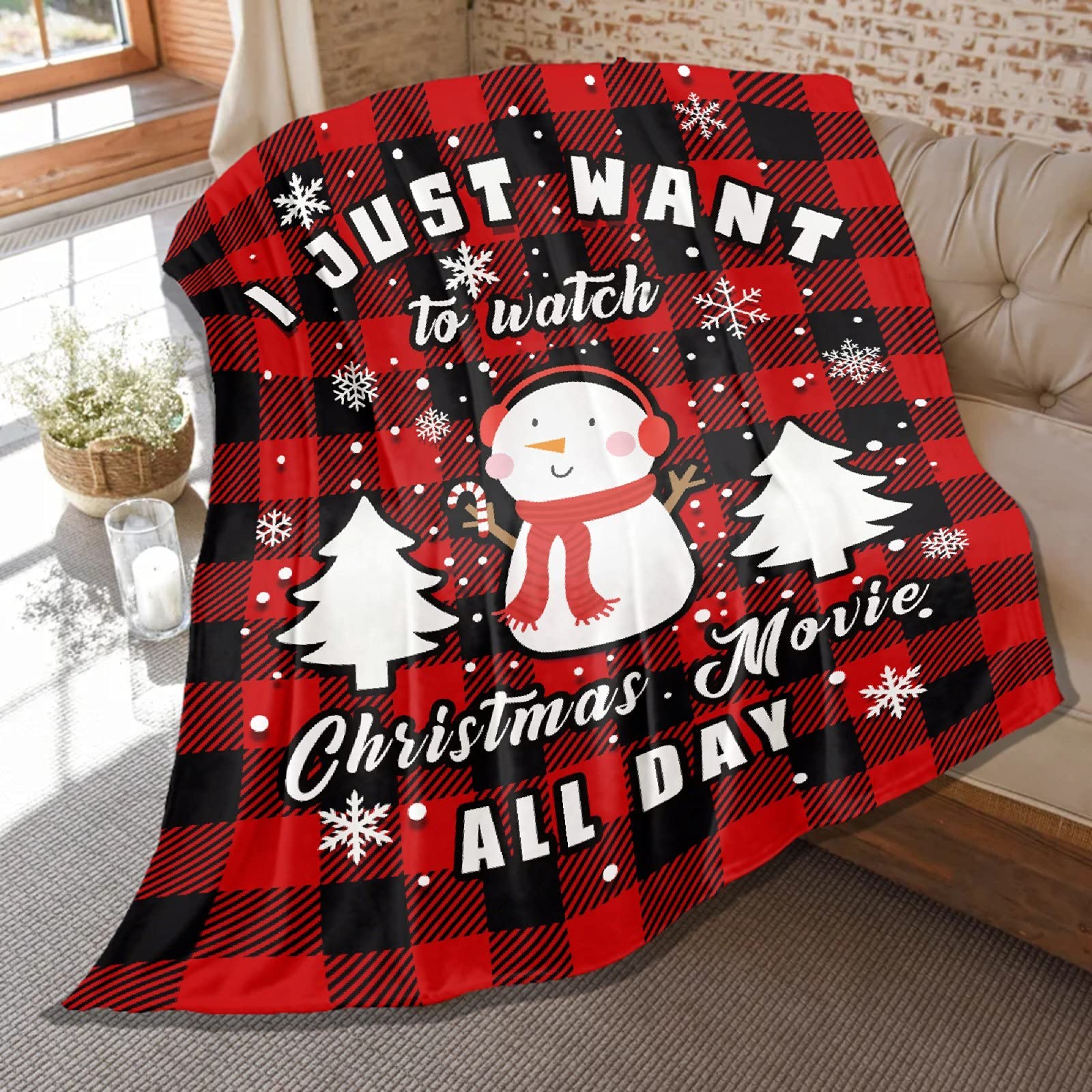 Soft Flannel Blanket - Christmas Snowman Tree Red Black Plaid Lightweight Plush Throw - AC Quilt for Women & Men - Couch, Bed & Sofa Decor - 120