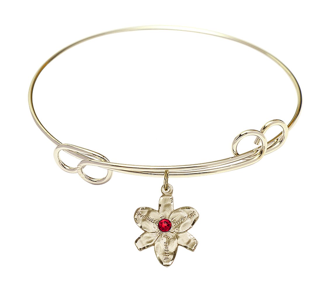 7 1/2 Inch Round Double Loop Bangle Bracelet with Chastity Medal Charm and July Red Crystal - Elegant Jewelry for Women, Perfect for Weddings, Anniversaries & Special Occasions