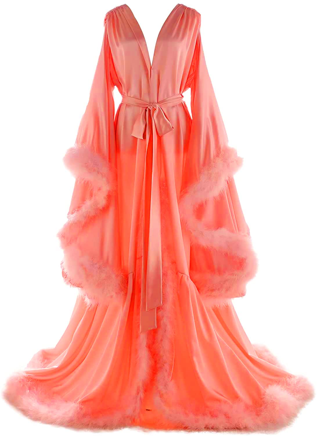 Elegant Women's Feather Bridal Robe - Vintage Hollywood Style Silk Maternity Photoshoot Nightgown & Lingerie Bathrobe for Bridal Shower, Honeymoon & Boudoir Photography