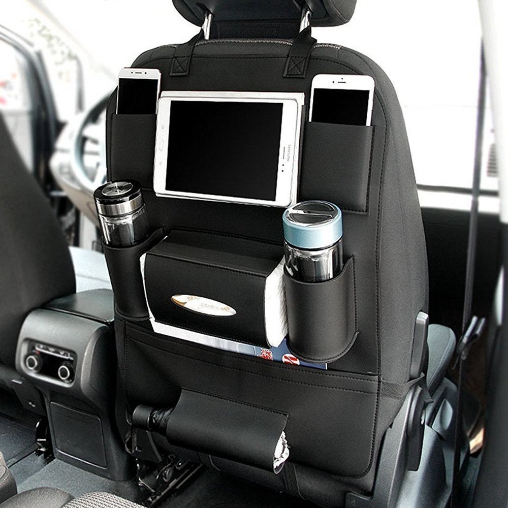 HCMAX 1 Pack Car Seat Back Organizer - PU Leather Storage Pocket with iPad Mini Holder, iPhone Cup Holder & Umbrella/Tissue Box Compartment - Backseat Protector & Kick Mat - Perfect for Road Trips & Family Travel (Black)