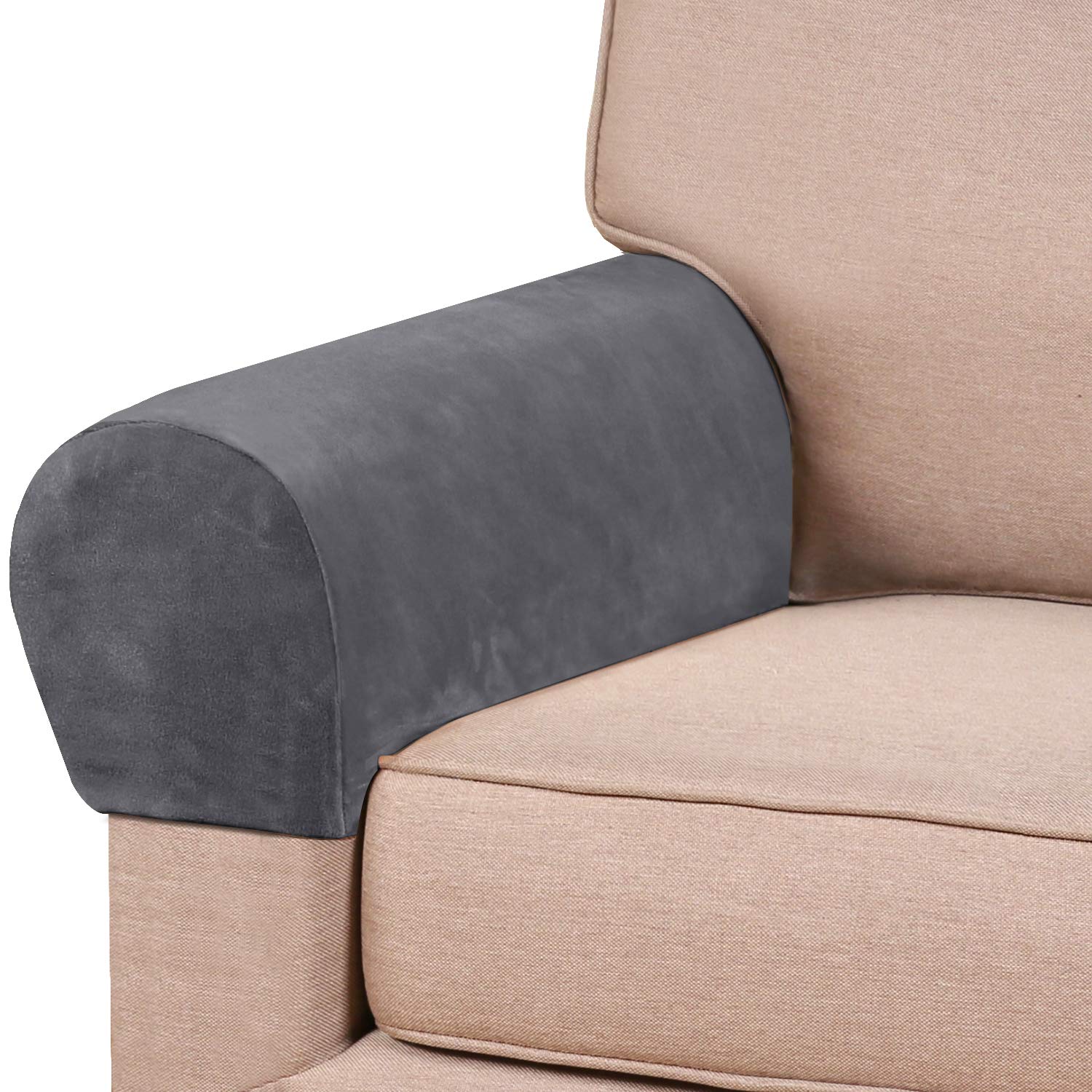 PrinceDeco 4-Pack Thick Velvet Stretch Armrest Covers - Non-Slip Sofa & Chair Arm Protectors (Grey) - Perfect for Living Room Furniture Protection & Home Decor