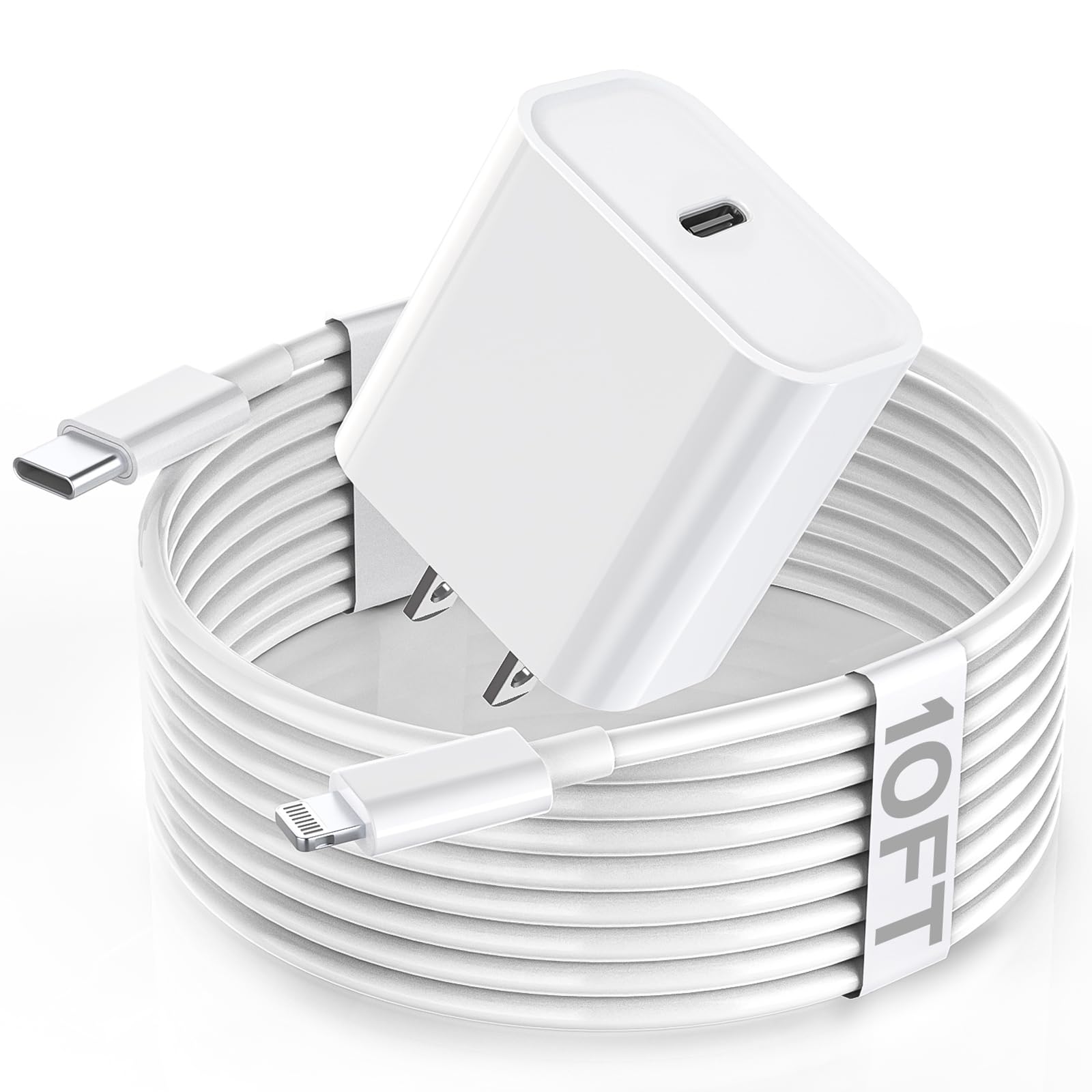 20W Apple Fast Charger with 10FT Extra Long Lightning Cable - USB C Wall Charger Block for iPhone 14/13/12/11/X/XR/SE & iPad - Super Quick Charging & Travel Plug Adapter - Perfect for Home, Office & Travel Use