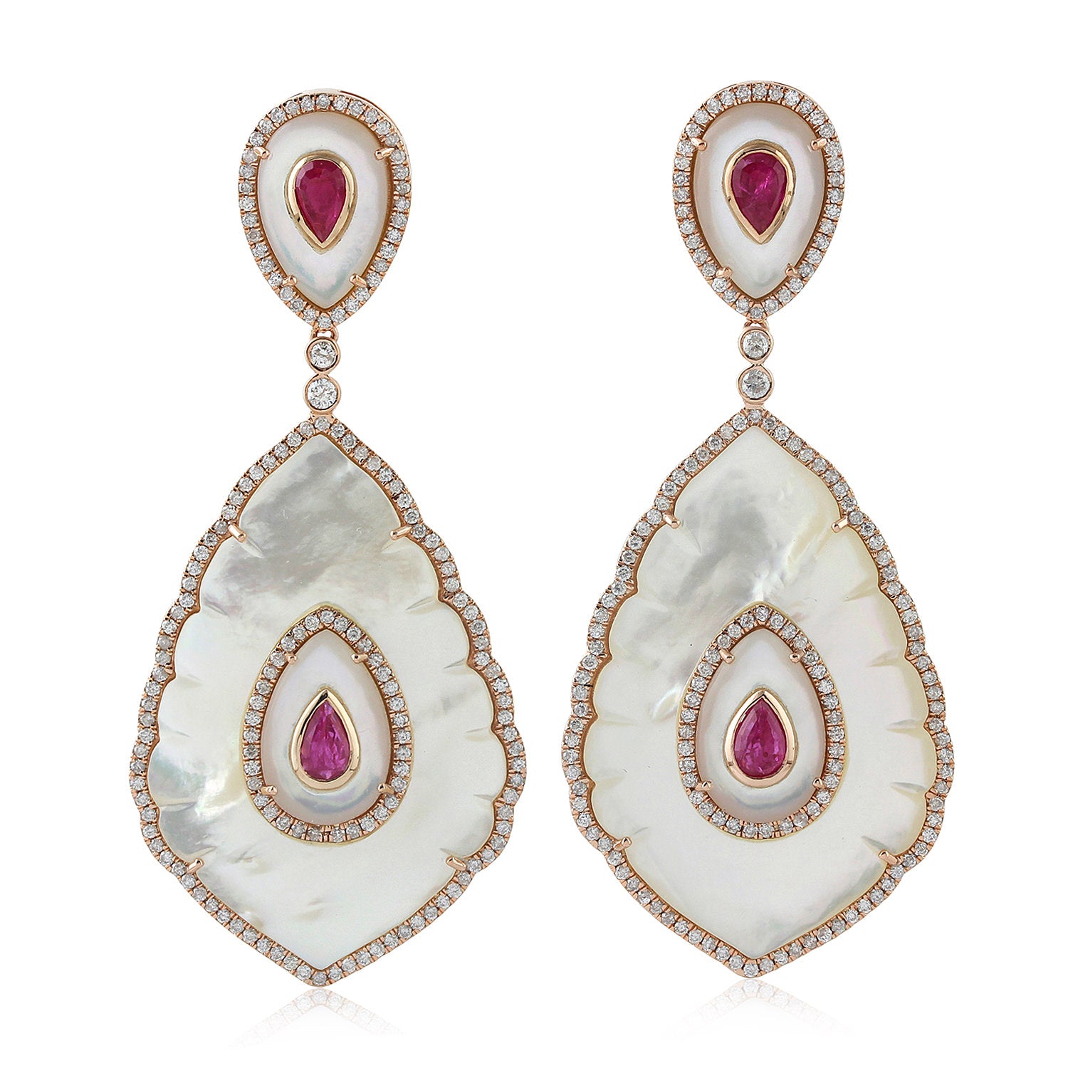 18K Rose Gold Fancy Cut MOP Bezel Set Ruby Prong Diamond Clover Wedding Dangle Earrings - Perfect for Bridal Jewelry, Anniversary Gifts & Special Occasions