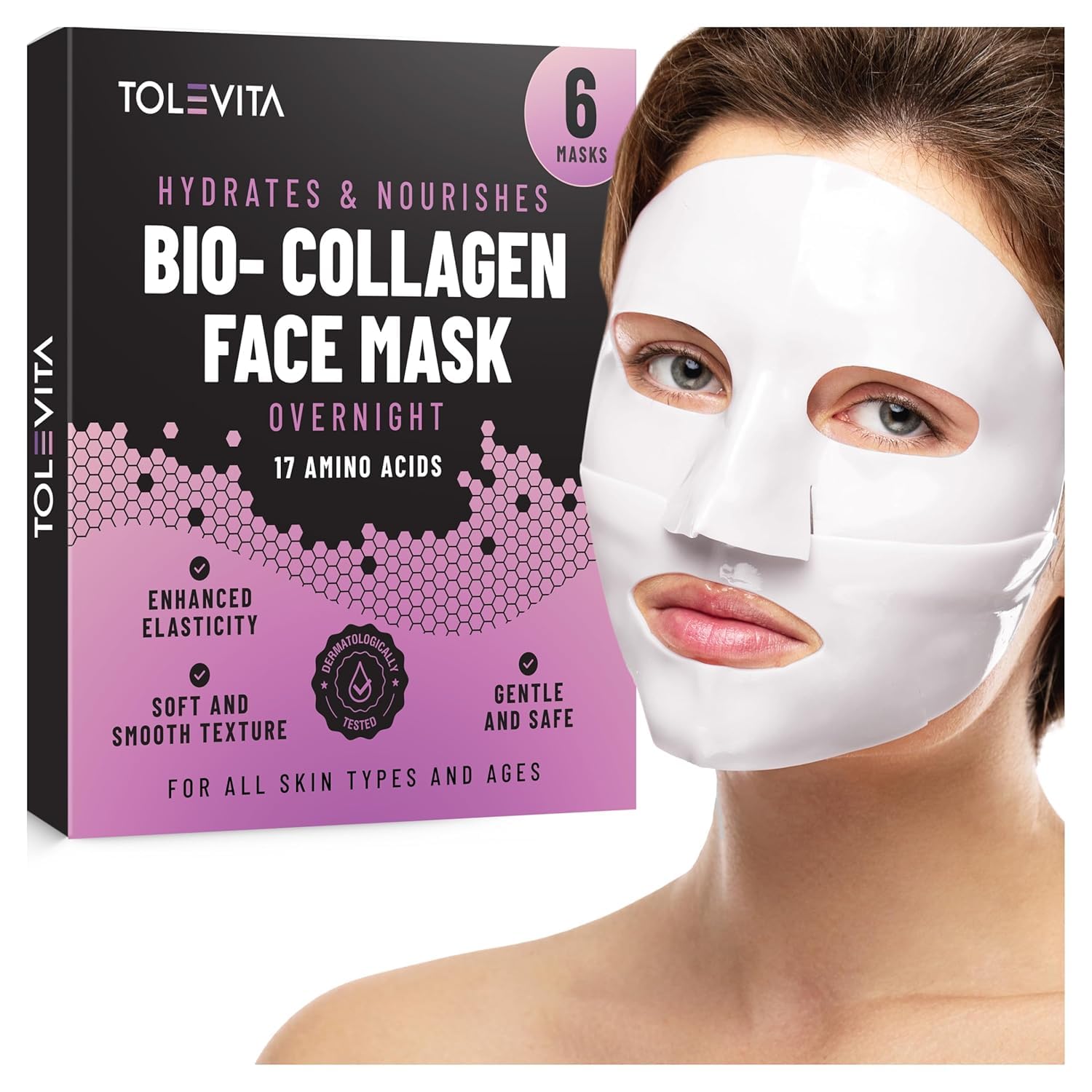 Bio-Collagen Overnight Face Mask - Hydrating & Nourishing Sheet Mask with 17 Amino Acids for Skin Elasticity & Moisture | Softens & Revitalizes All Skin Types | 6 Pack | Perfect for Nighttime Skincare Routine & Travel Essentials