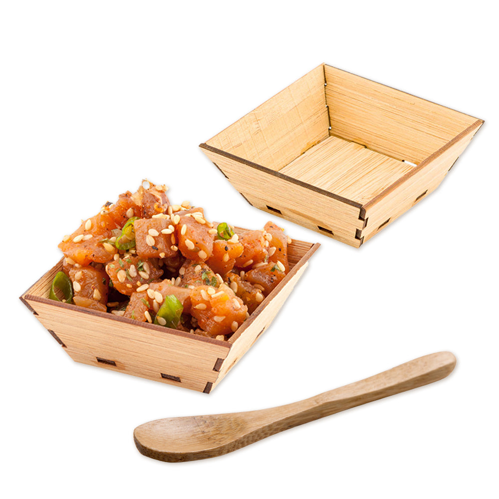 100-Pack 1.5oz Square Natural Bamboo Mini Kova Bowls & 100-Pack 3.5