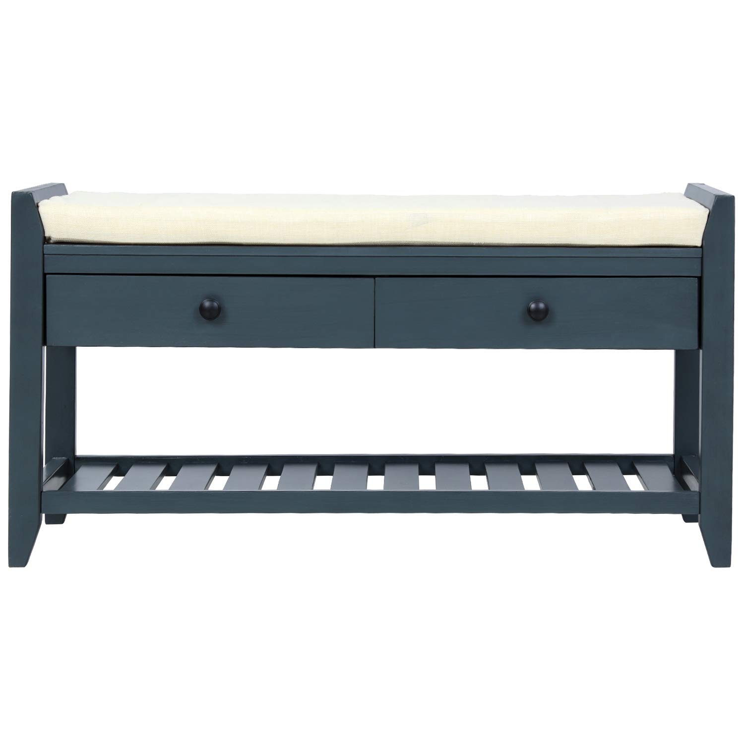 Multipurpose Shoe Storage Bench with Cushioned Seat, 2 Drawers & Shelf Cabinet - Entryway Organizer for Living Room, Bedroom, Hallway (Antique Navy) - Perfect for Small Space Organization & Entryway Seating