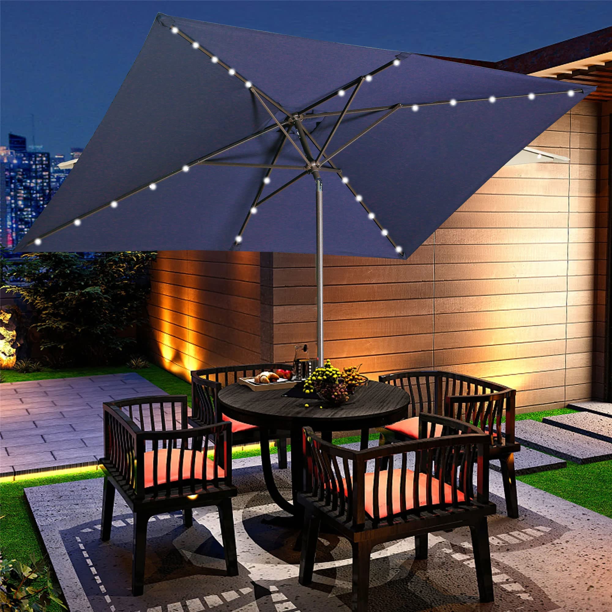 Aok Garden 10ft Solar LED Patio Umbrella with 30 Lights - Adjustable Tilt Rectangular Outdoor Umbrella for Deck, Pool, Beach, Backyard - Navy Blue Aluminum Pole Shade for 6-8 Chairs | Perfect for Sun Protection & Outdoor Dining