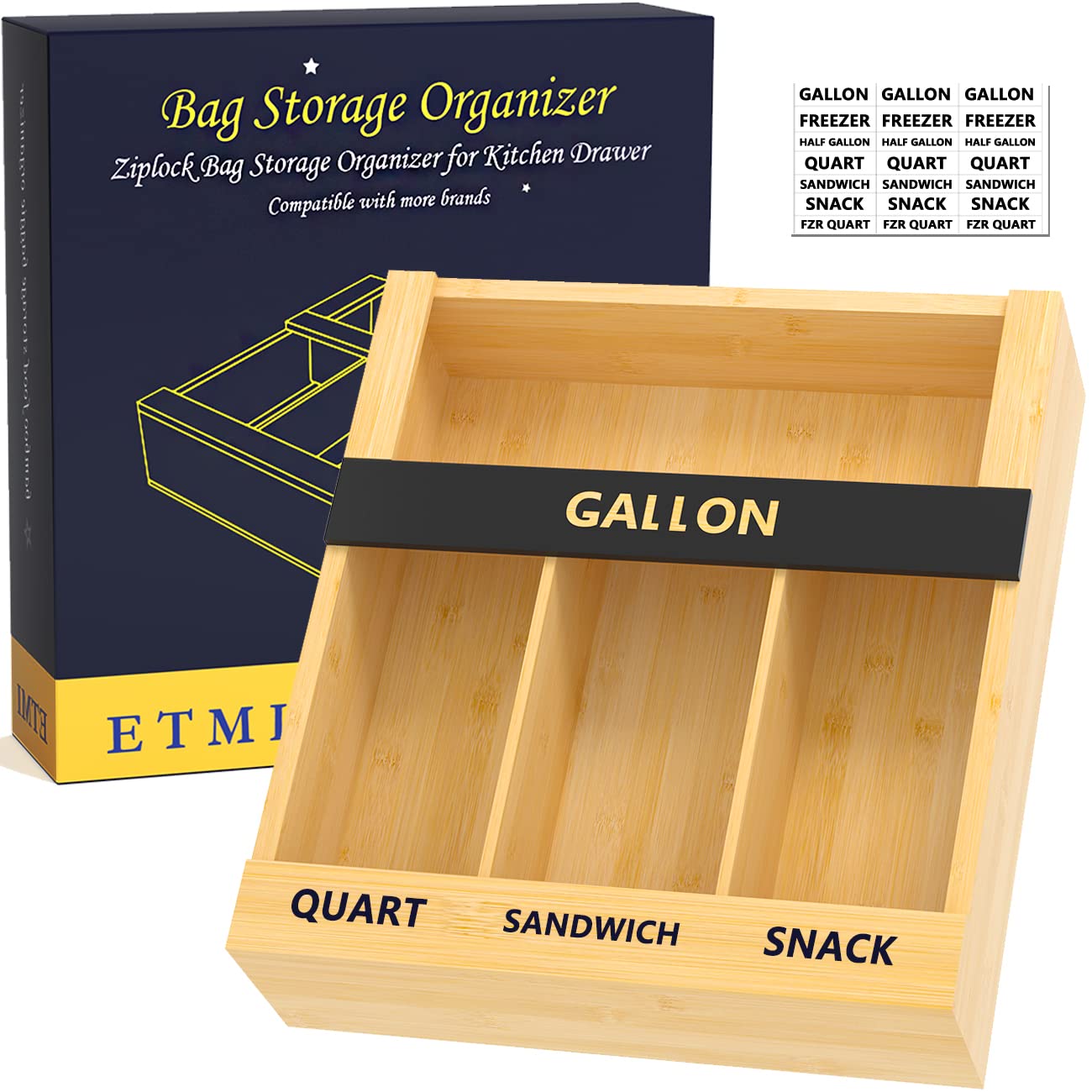 Eco-Friendly Bamboo Ziplock Bag Organizer - Drawer Storage Dispenser for Gallon, Quart, Sandwich & Snack Bags | Compatible with Hefty, Glad, Solimo & More | Perfect for Kitchen, Pantry & Office Organization