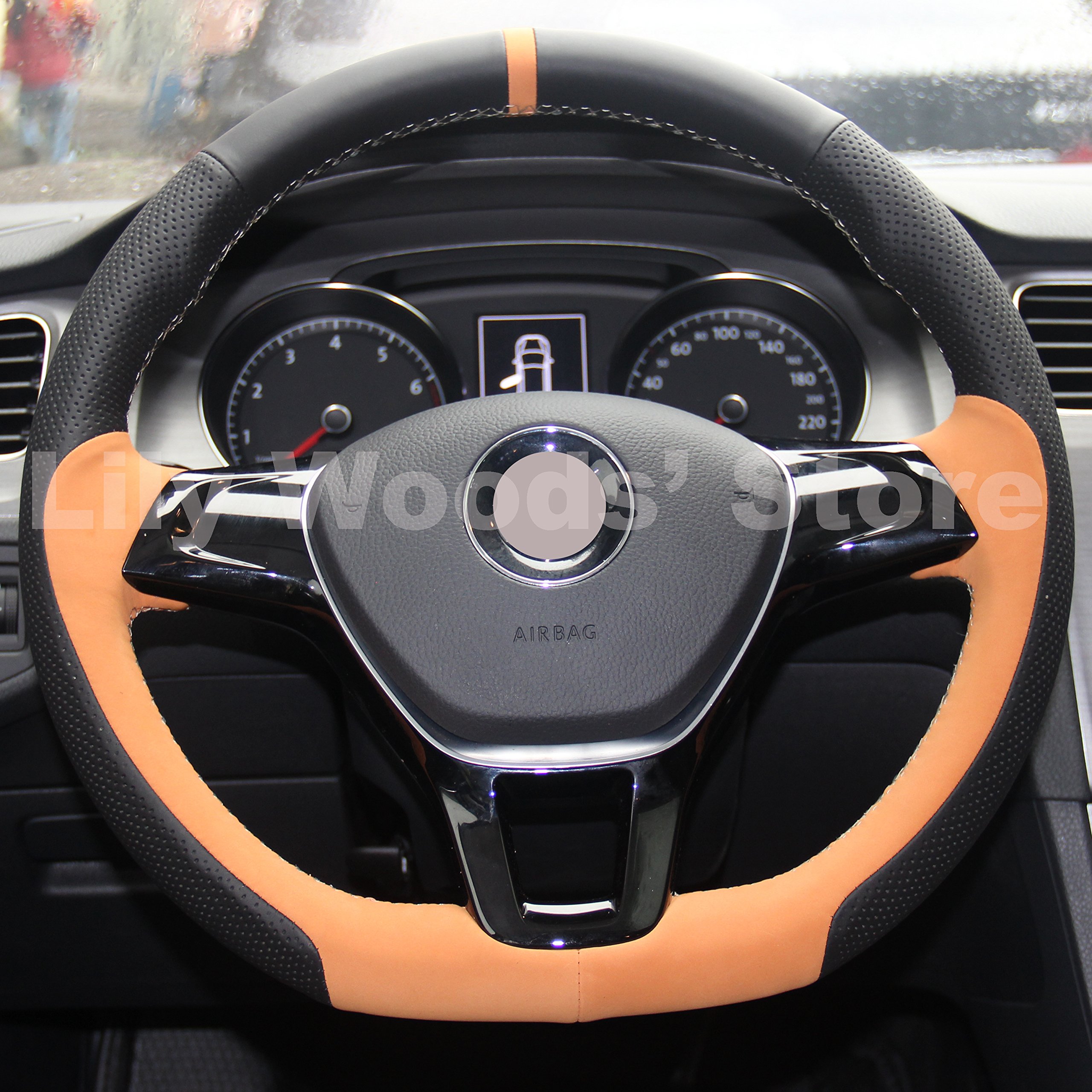 Premium Genuine Leather Custom Steering Wheel Cover for VW Passat 2016, Golf TSI 2015-2016, E-Golf 2015-2016, Golf Sportwagen 2015-2016 & Jetta Hybrid 2015-2016 - Hand-Stitched Luxury Car Accessory for Enhanced Grip & Comfort During Daily Commutes & Road Trips