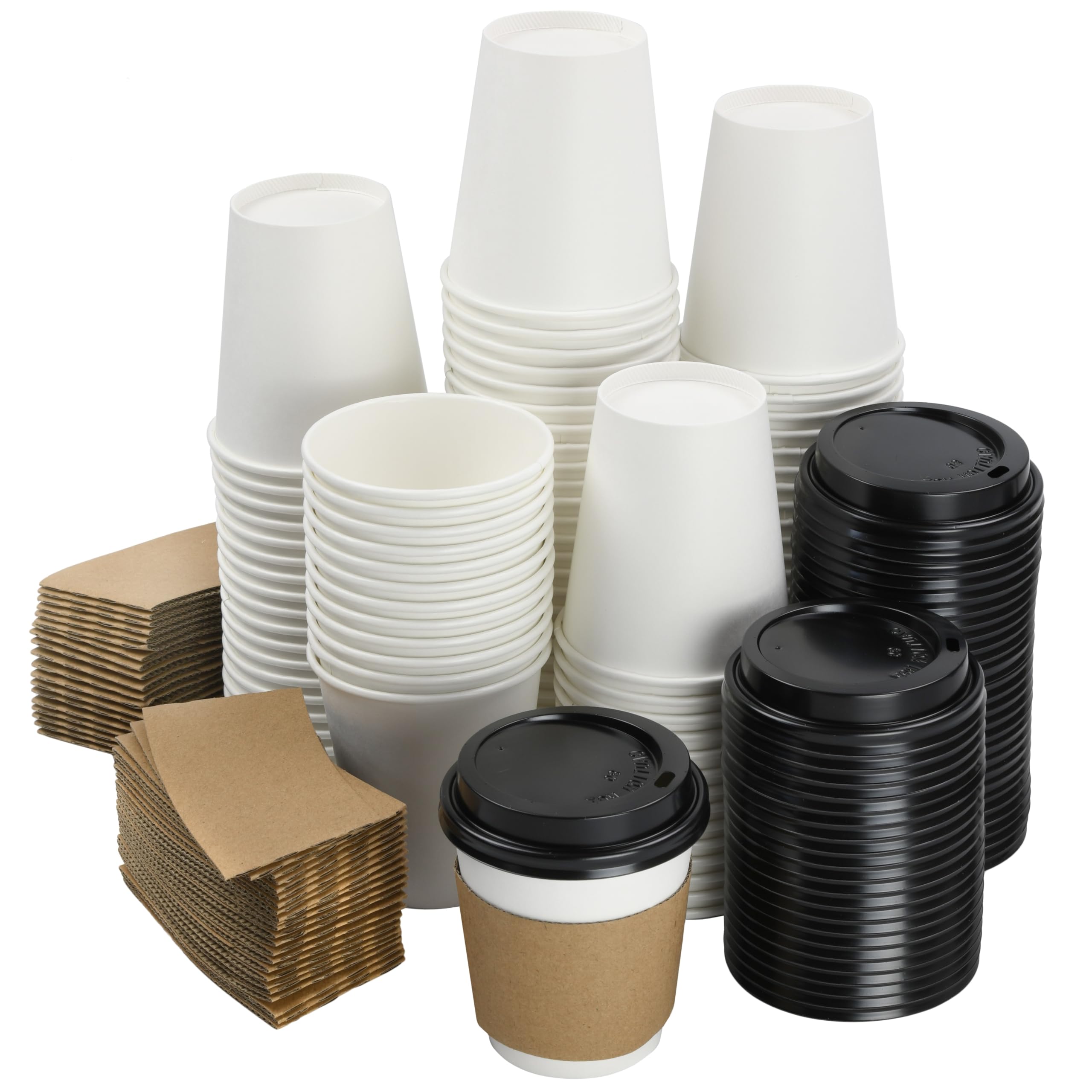 NYHI 100 Pack 10 oz White Disposable Coffee Cups with Black Lids & Sleeves - Hot/Cold Beverage Drinking Cups for Coffee, Tea, Juice, Espresso - Perfect for Office Water Coolers, Parties, Cafes & Takeout